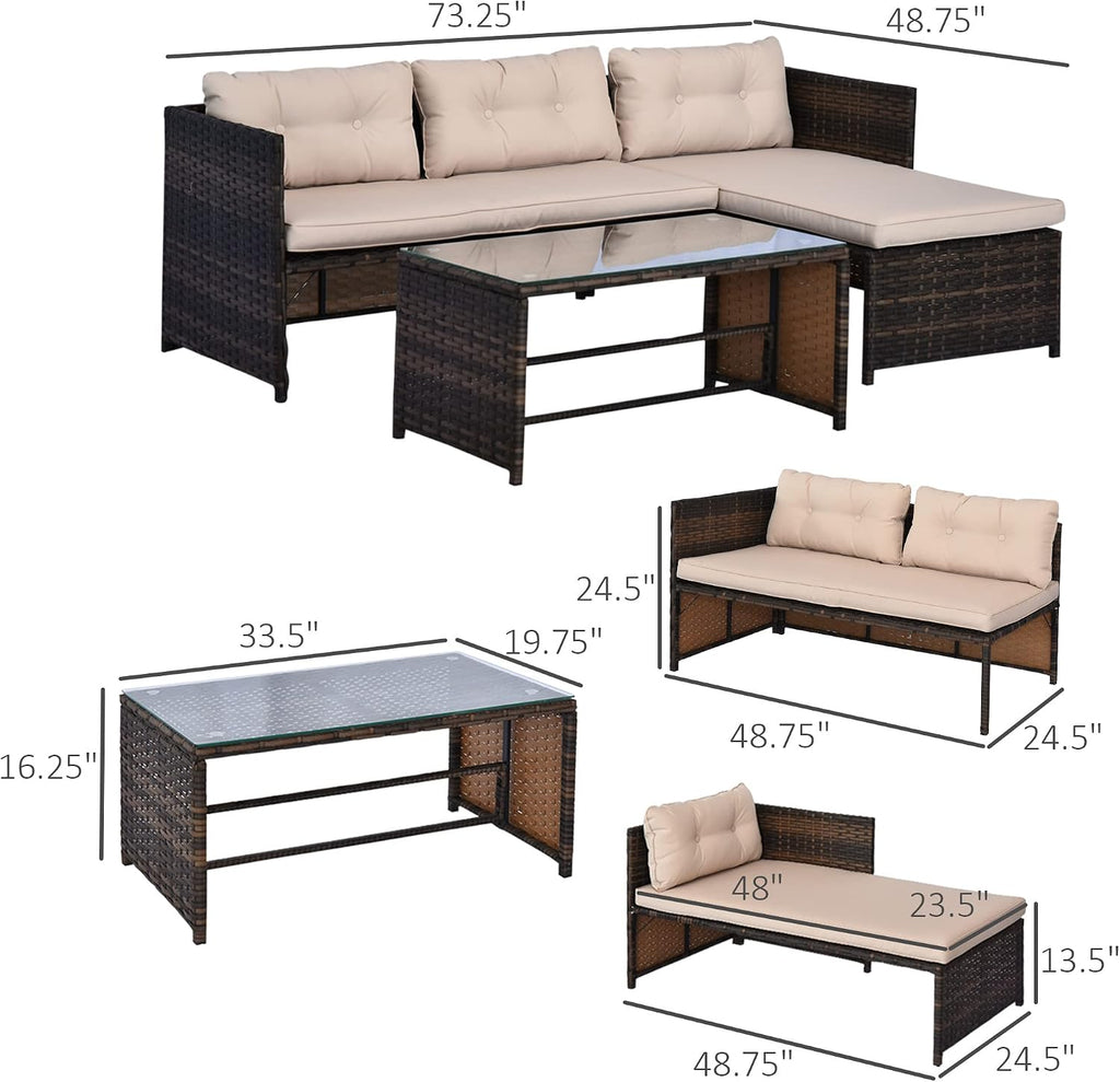 Outsunny 3 Piece Patio Furniture Set, Rattan Outdoor Sofa Set with Chaise Lounge & Loveseat, Soft Cushions, Tempered Glass Table, L-Shaped Sectional Couch, Beige