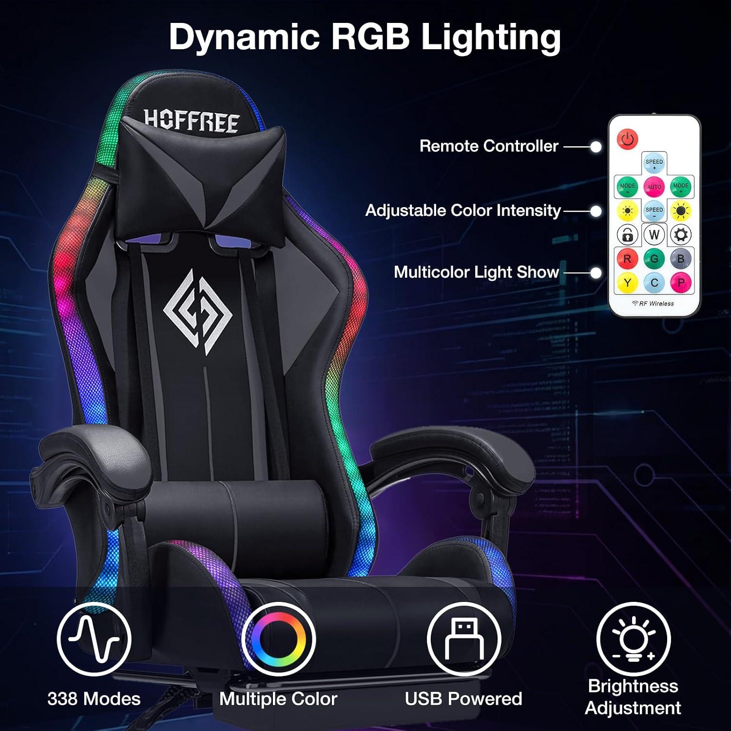 HOFFREE RGB Gaming Chair with Speakers Massage Computer Gaming Chair with LED Lights and Footrest High Back Video Game Chair for Adults Grey and Black