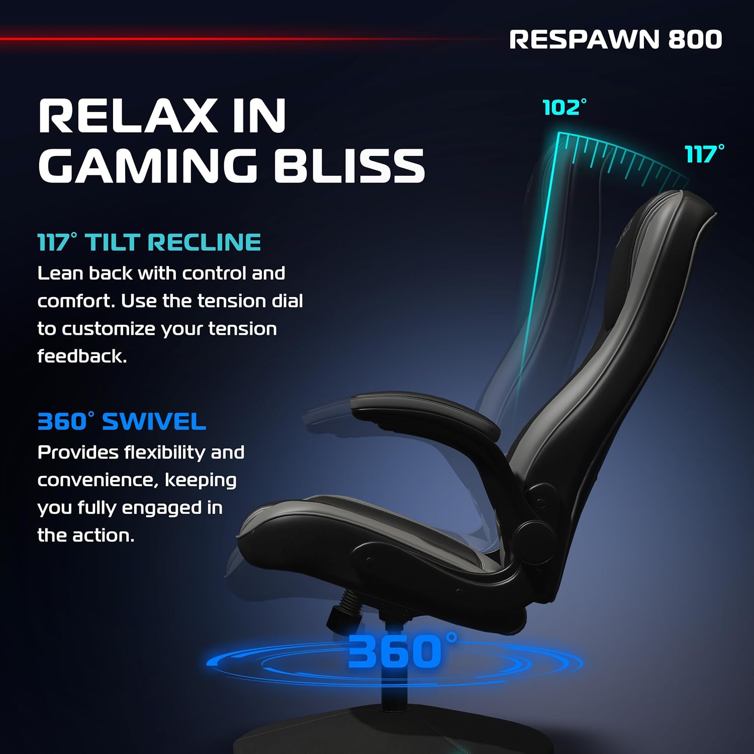 RESPAWN 800 Swivel Rocker Gaming Chair - Ergonomic Floor Gaming Seat with Lumbar Support, Flip Up Armrest, High Back, Pedestal Base, Comfortable No Wheels Console Video Game Rocker Chair - Gray