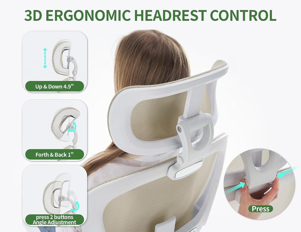 Office Chair - Ergonomic Desk Chair with Adjustable Headrest Lumbar Support Computer Chair - Mesh Comfy Chairs with Flip-up Armrests - Big and Tall Gaming Chairs for Adults Home Office(Beige)
