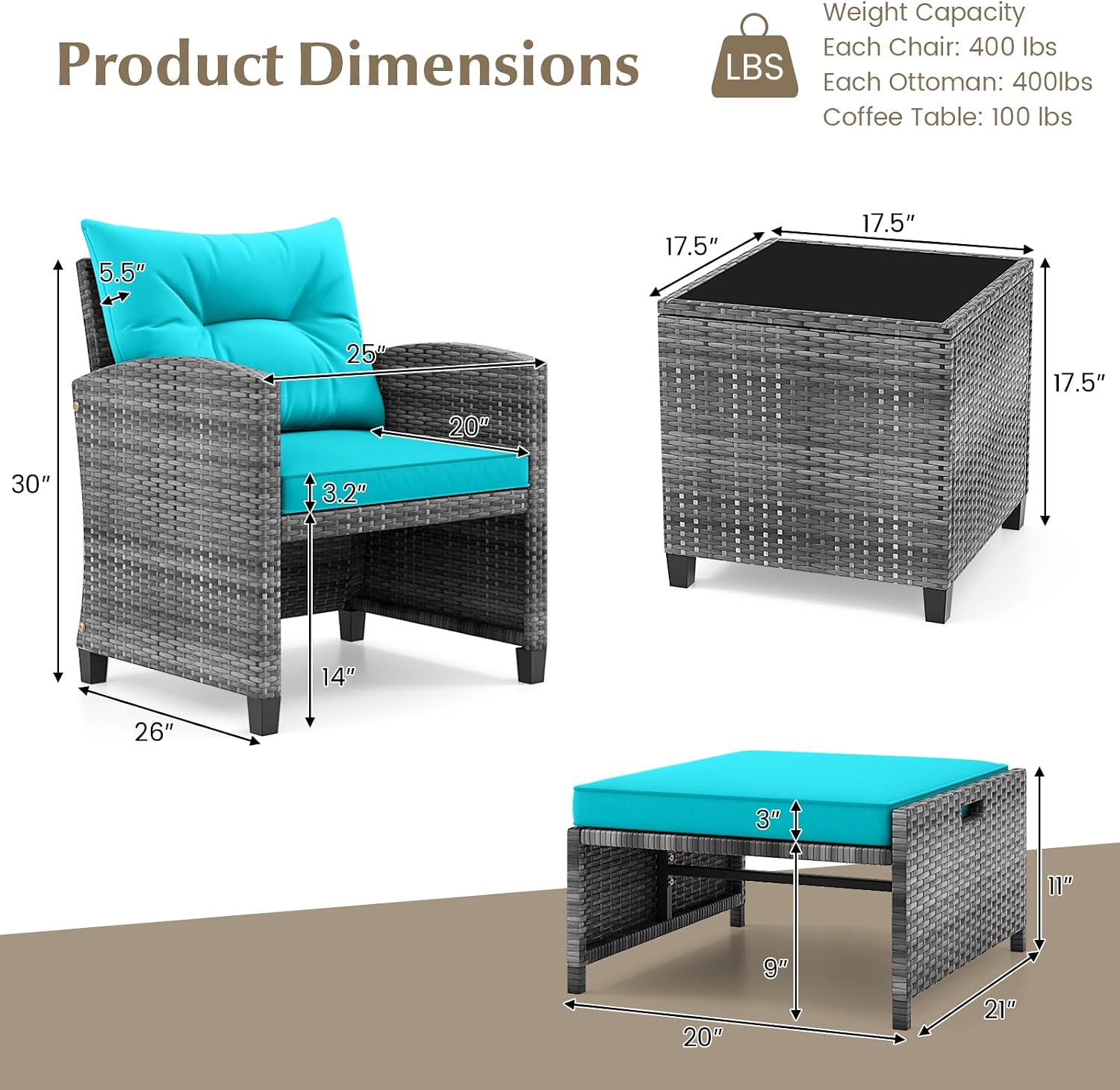 KOTEK 5 Pieces Patio Furniture Set with Ottomans, Wicker Patio Conversation Set with Coffee Table & Cushions, PE Rattan Outdoor Lounge Chairs for Backyard, Porch, Poolside (Mix Grey- Turquoise)