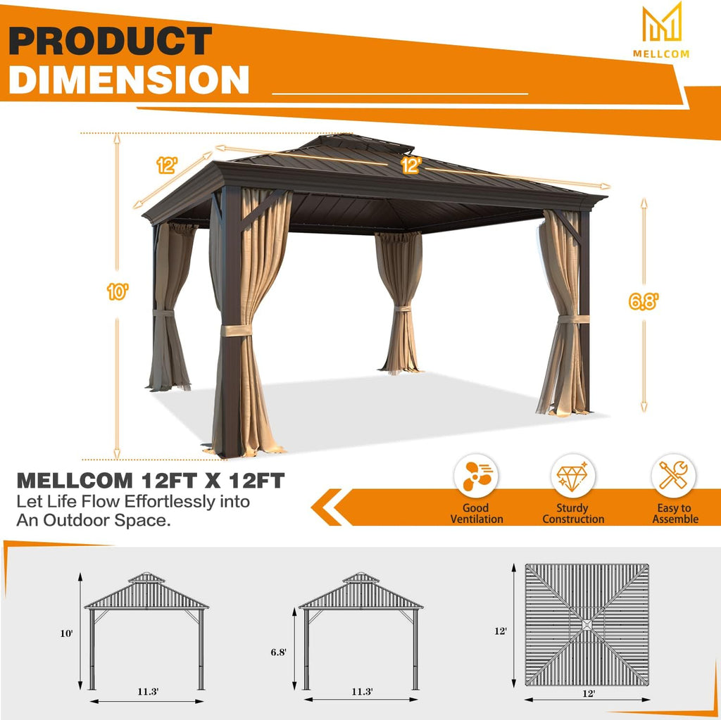 MELLCOM 12' x 12' Hardtop Gazebo, Galvanized Steel Double Roof Outdoor Gazebos, Aluminum Frame Metal Gazebo with Netting and Curtains for Patio, Lawn & Garden