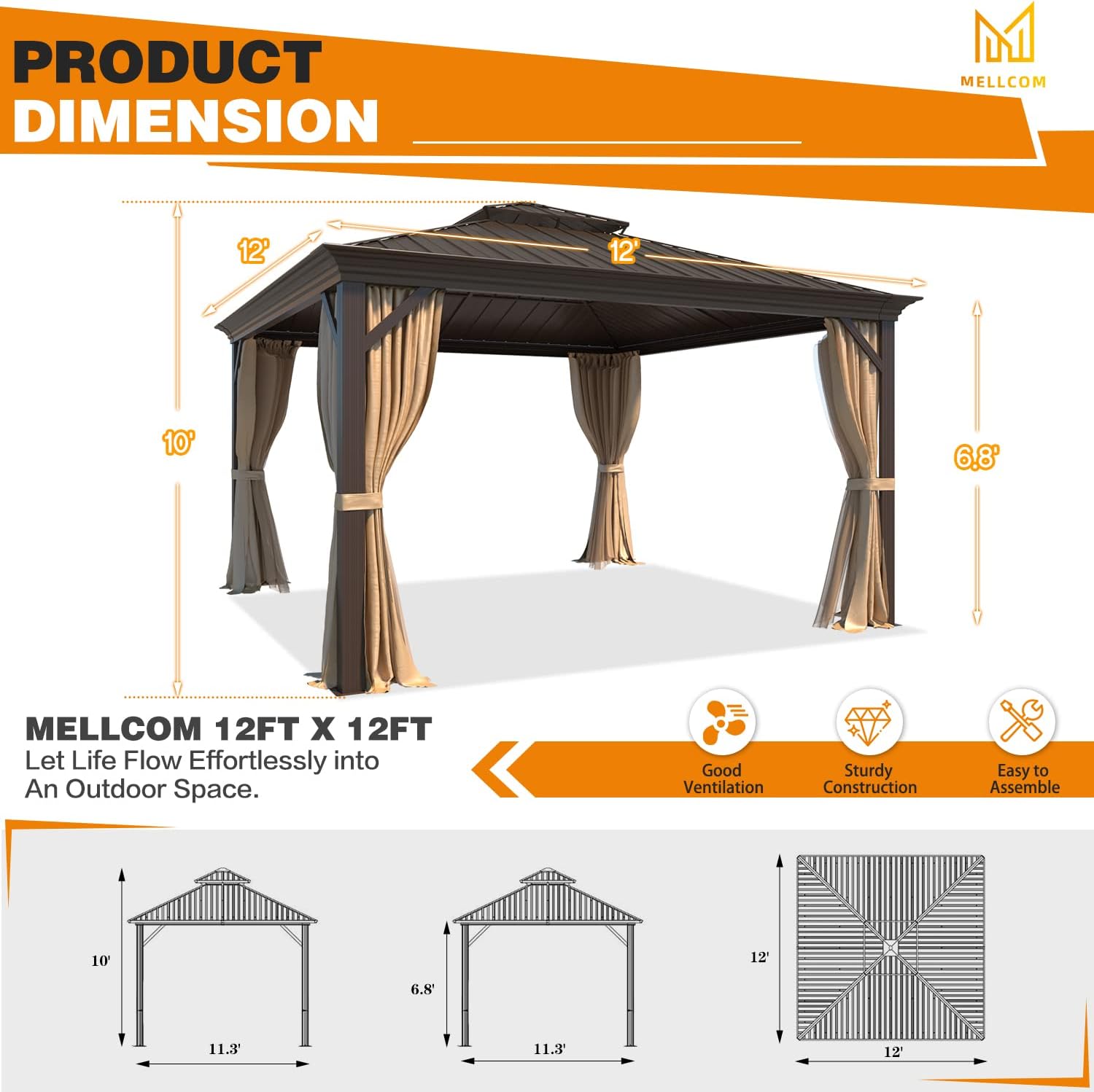 MELLCOM 12' x 12' Hardtop Gazebo, Galvanized Steel Double Roof Outdoor Gazebos, Aluminum Frame Metal Gazebo with Netting and Curtains for Patio, Lawn & Garden
