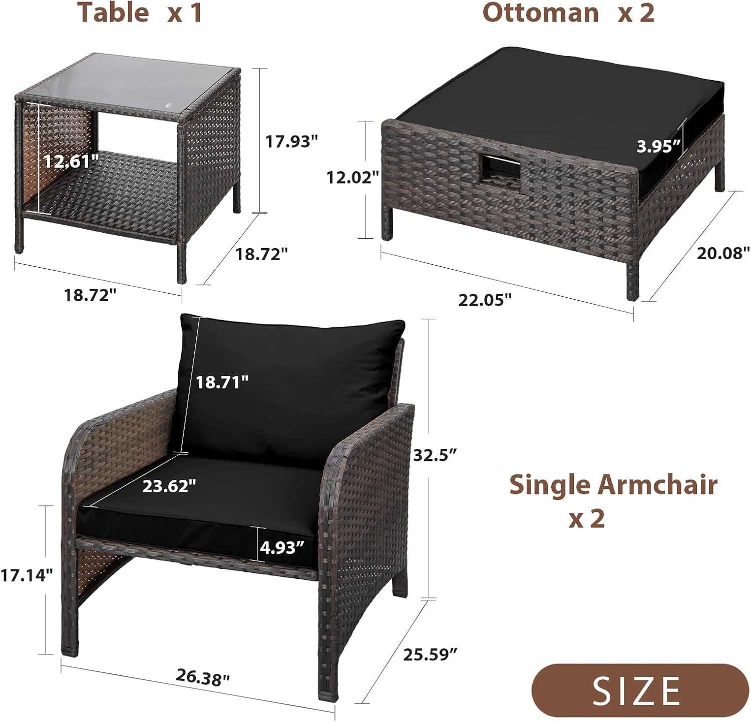 LEVELEVE Balcony Furniture 5 Piece Patio Conversation Set, PE Wicker Rattan Outdoor Lounge Chairs with Soft Cushions 2 Ottoman&Glass Table for Porch, Lawn-Brown Wicker（Black