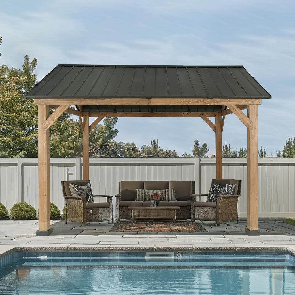 11x13 Hardtop Gazebo, Galvanized Steel Gable Roof Outdoor Pavilion with Cedar Wood Frame, Patio Gazebo for Deck, Garden, Lawn, Natural Wood/Black