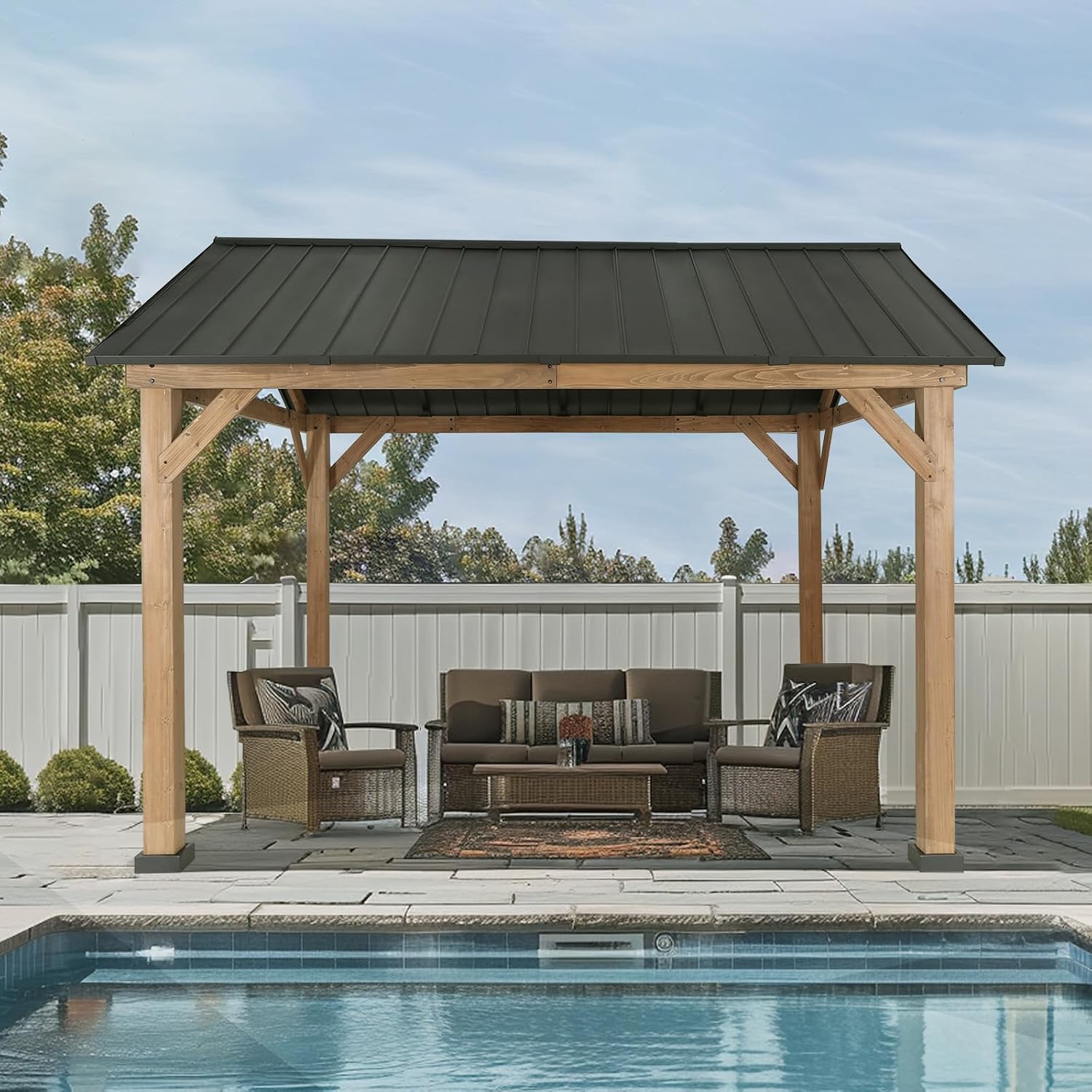 11x13 Hardtop Gazebo, Galvanized Steel Gable Roof Outdoor Pavilion with Cedar Wood Frame, Patio Gazebo for Deck, Garden, Lawn, Natural Wood/Black