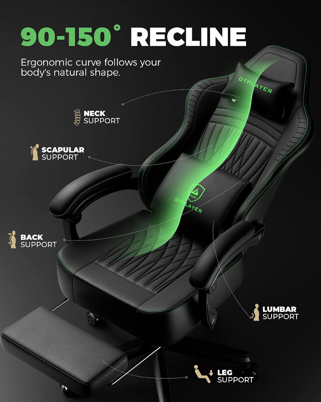 GTPLAYER Big and Tall Gaming Chair with Footrest, Extra Wide Seat Video Game Chairs for Adults - Padded High Back Ergonomic Reclining Silla Gamer, Linkage Armrest, Ace Pro, Green
