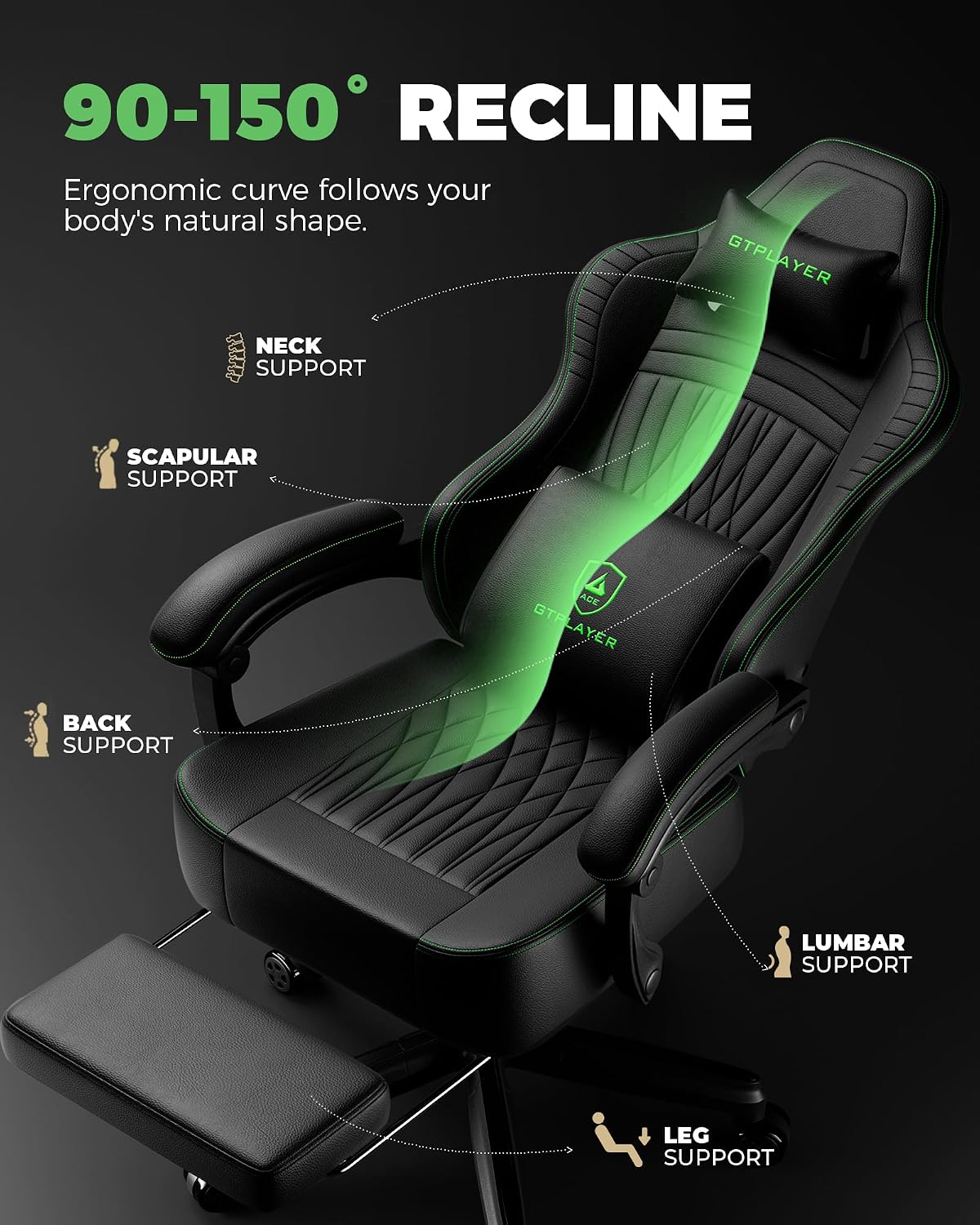 GTPLAYER Big and Tall Gaming Chair with Footrest, Extra Wide Seat Video Game Chairs for Adults - Padded High Back Ergonomic Reclining Silla Gamer, Linkage Armrest, Ace Pro, Green