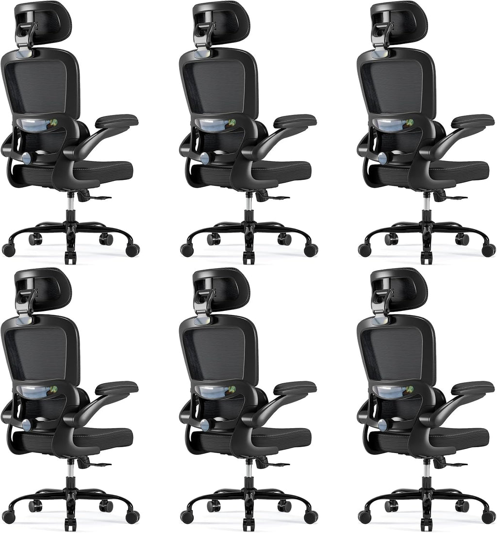 TRALT Ergonomic Office Chair - Desk Chair with Adjustable Headrest Lumbar Support Computer Chair - Mesh Comfy Chair with Flip-up Armrests - Gaming Chair for Adults Home Office PU, Black, Pack of 6