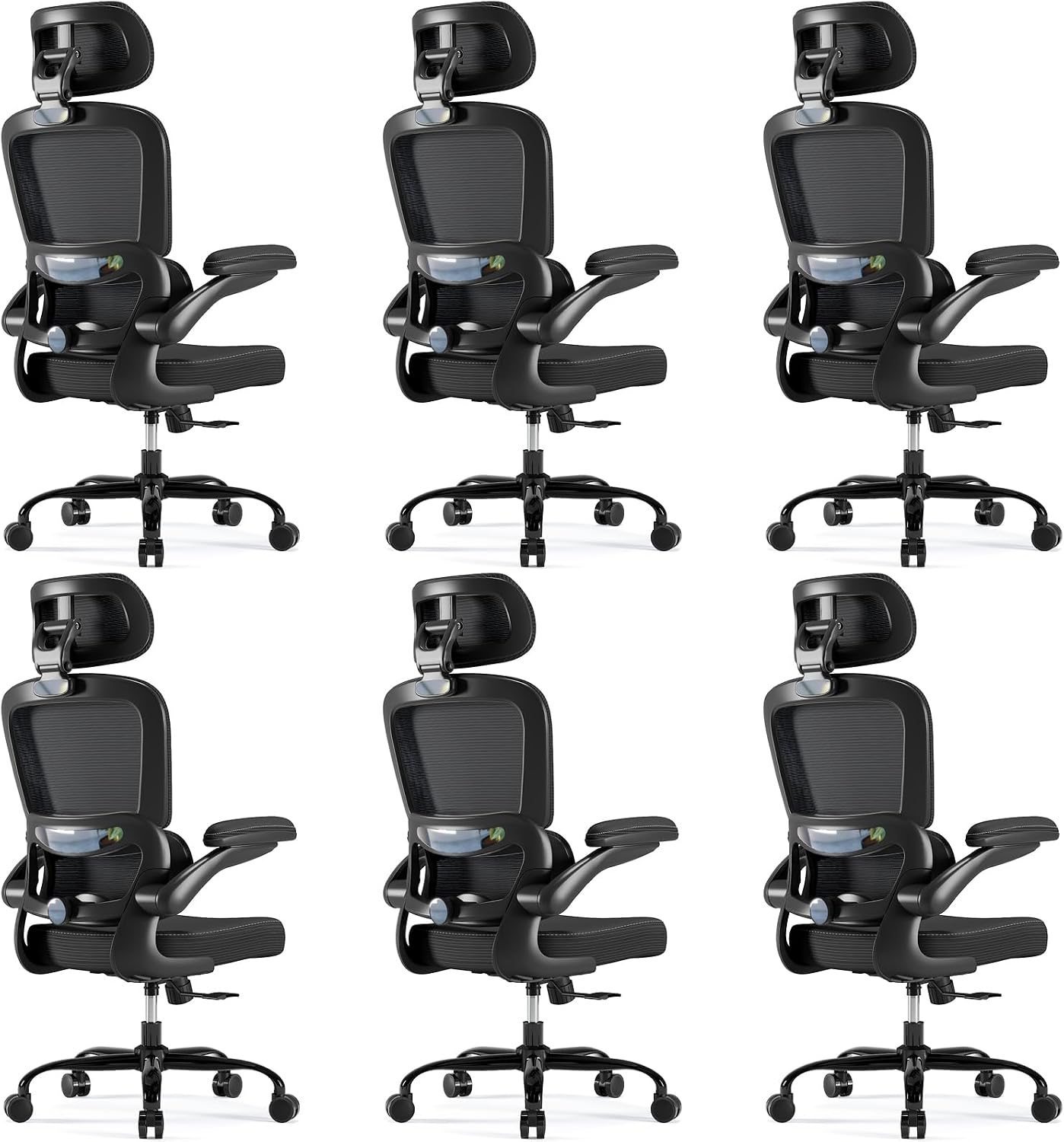 TRALT Ergonomic Office Chair - Desk Chair with Adjustable Headrest Lumbar Support Computer Chair - Mesh Comfy Chair with Flip-up Armrests - Gaming Chair for Adults Home Office PU, Black, Pack of 6