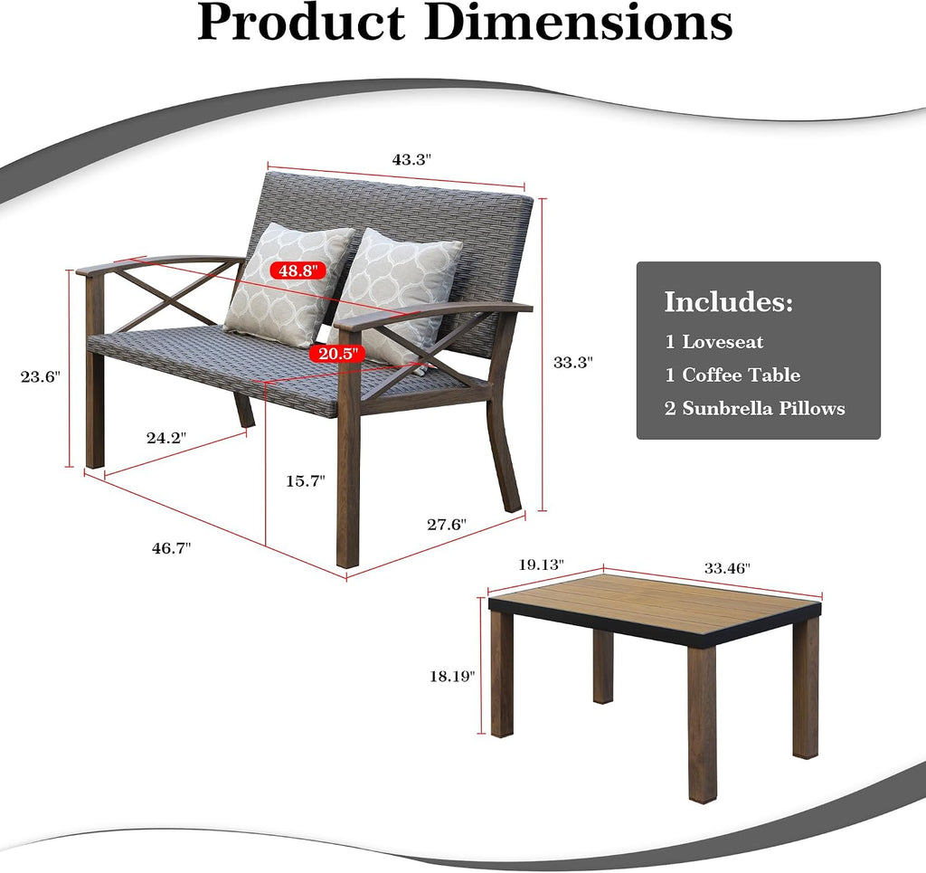 Domi Aluminum Patio Furniture Set, 2-Piece Modern Conversation Set with Cotton Padding Backrests and Seats, Outdoor Loveseat Metal Sofa Set with 5.5 Inch Cushion and Coffee Table for Balcony, Garden
