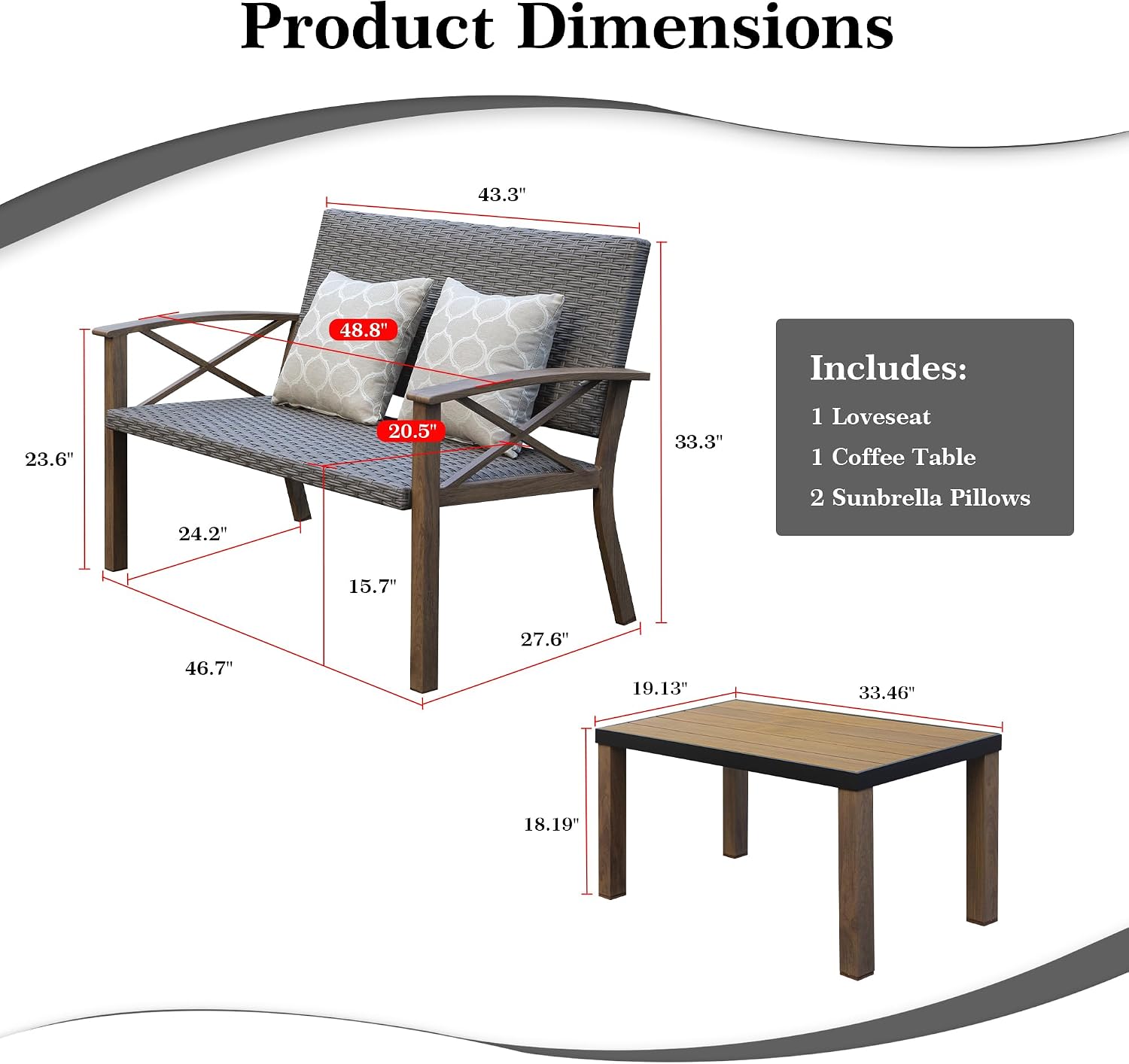 Domi Aluminum Patio Furniture Set, 2-Piece Modern Conversation Set with Cotton Padding Backrests and Seats, Outdoor Loveseat Metal Sofa Set with 5.5 Inch Cushion and Coffee Table for Balcony, Garden
