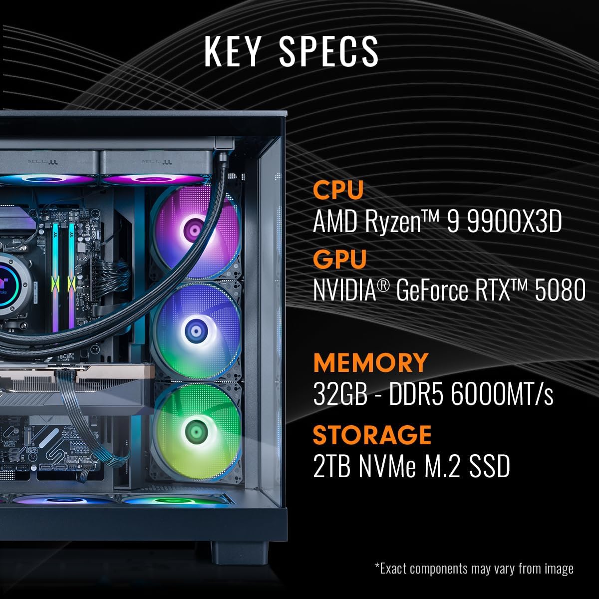 Thermaltake LCGS View 9080-380XL Gaming Desktop (AMD Ryzen™ 9 9900X3D, ToughRam 32GB DDR5 6000MT/s RGB Memory, NVIDIA® GeForce RTX™ 5080, 2TB NVMe M.2, WiFi, Windows 11) VXLB-X870-580-LCS