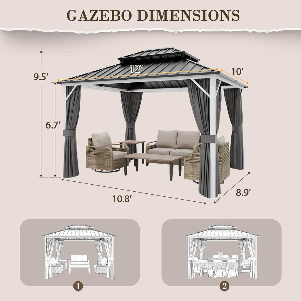 EAGLE PEAK 12x10 Hardtop Gazebo, Galvanized Steel Double Roof with Aluminum Frame, Outdoor Pavilion with Netting and Curtains for Patio, Deck, Lawn and Garden, White/Gray