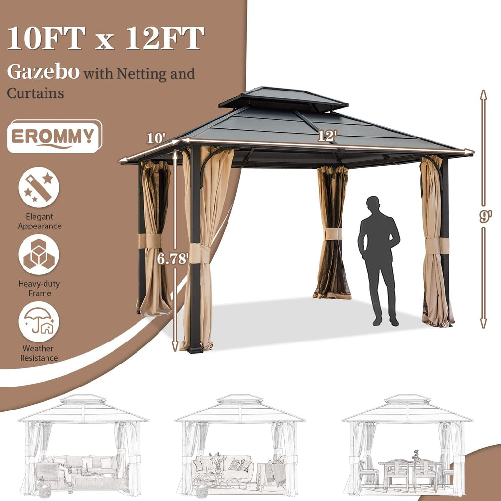 EROMMY 10'x12' Hardtop Gazebo, Double Metal Roof Canopy with Aluminum Frame, Netting and Shaded Curtains Included, Permanent Pavilion Gazebos for Patio, Backyard, Deck, Lawn, Poolside