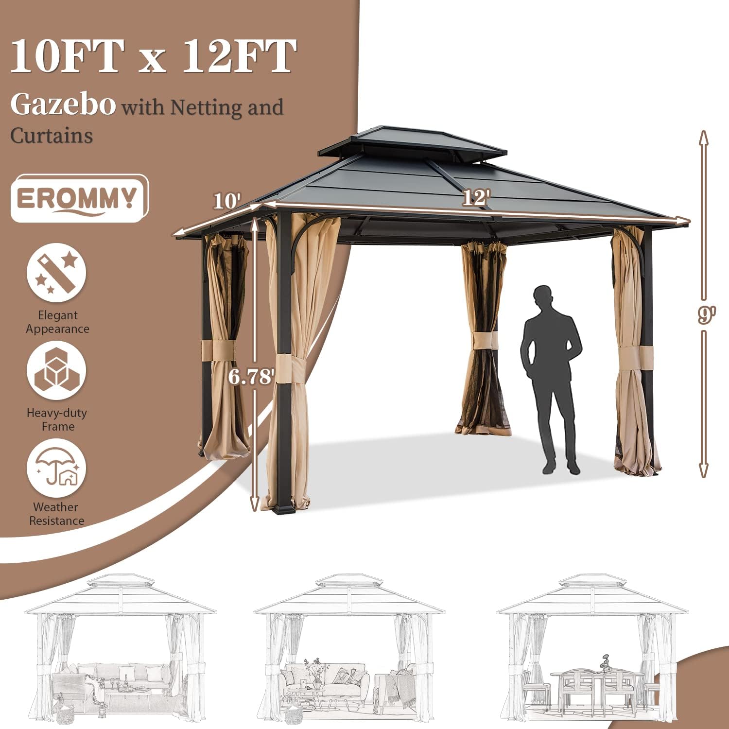 EROMMY 10'x12' Hardtop Gazebo, Double Metal Roof Canopy with Aluminum Frame, Netting and Shaded Curtains Included, Permanent Pavilion Gazebos for Patio, Backyard, Deck, Lawn, Poolside
