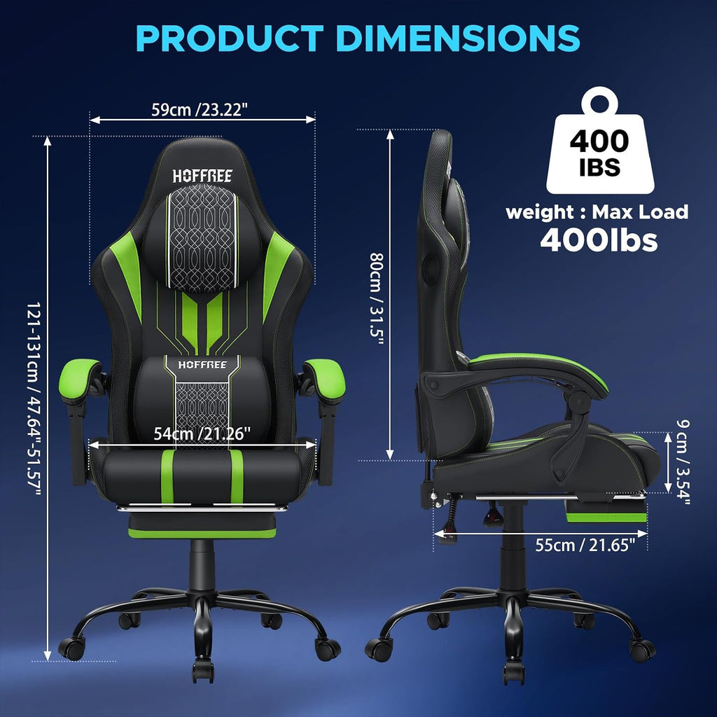 HOFFREE LED Gaming Chair with Bluetooth Speakers Massage Gaming Chair with RGB Lights Big and Tall Gamer Chair for 400lbs Heavy People High Back Computer Desk Chair with Footrest Green and Black