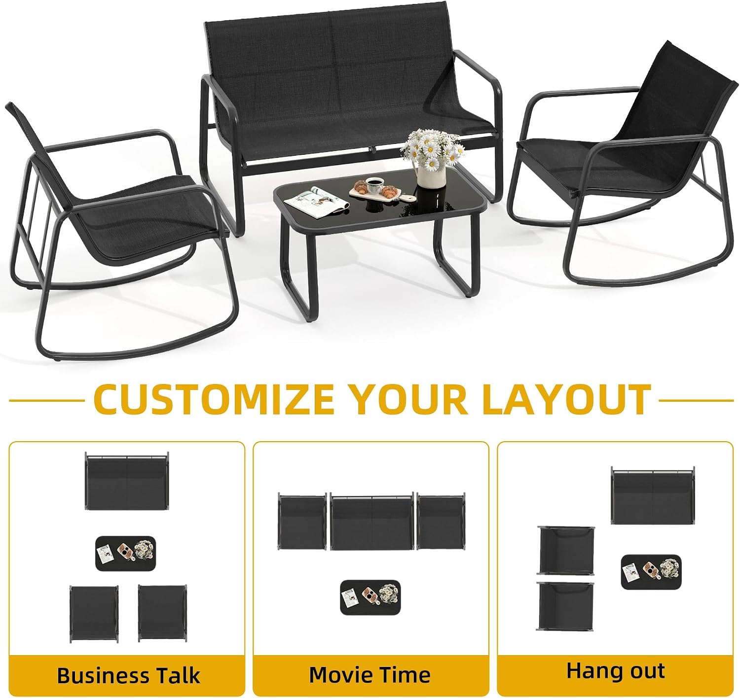 DWVO 4-Piece Patio Furniture Set, Textilene Conversation Set with 2 Rocking Chairs and Tempered Glass Coffee Table, Ideal for Indoor Patio Lawn Garden Poolside, Black