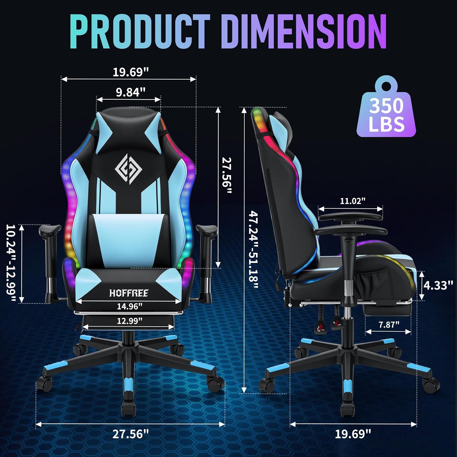 HOFFREE RGB LED Gaming Chair for Kids Reclining Gaming Chairs for Teens 8-15 Computer Chair with RGB Lights Kids PC Game Chair with Footrest and Lumbar Support Video Game Chairs Blue and Black