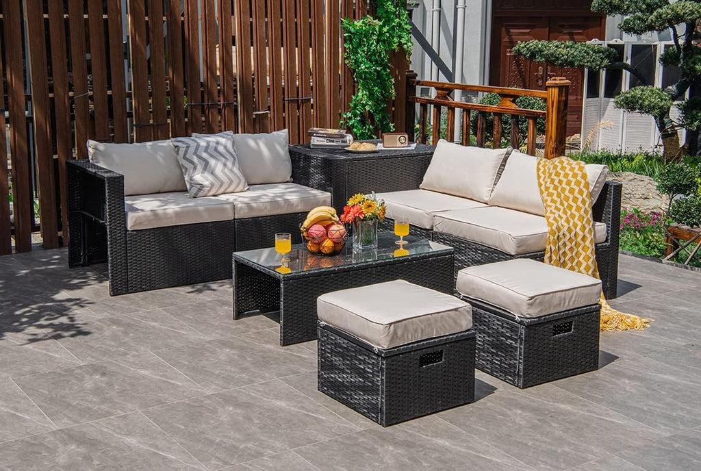 Tangkula 8 Pieces Patio Furniture Set with Waterproof Cover, Patiojoy Space Saving Outdoor PE Rattan Set with Storage Box, Tempered Glass Table, 2 Ottomans, 2 Armless Sofas & Corner Sofas