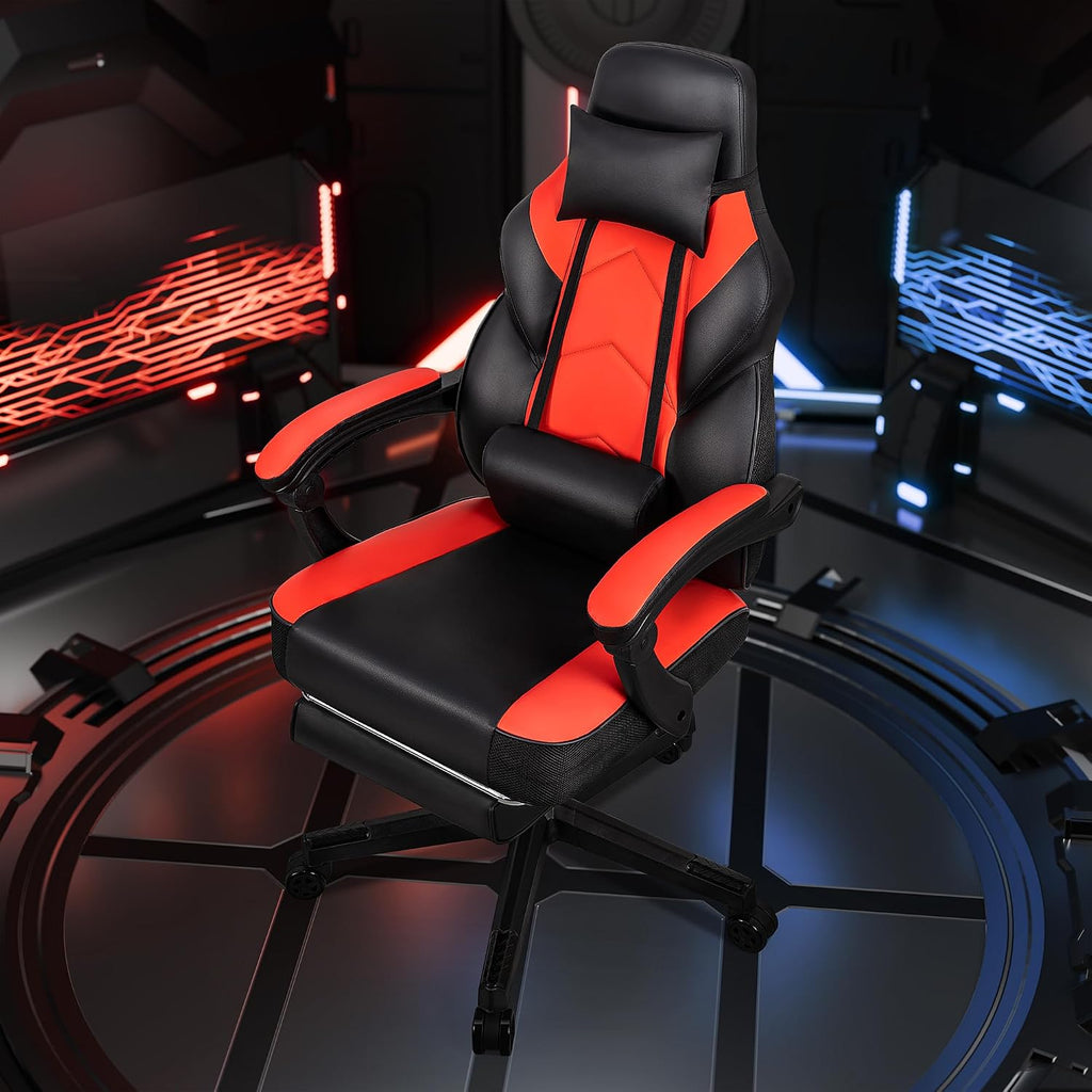 Gaming Chairs for Adults, Computer Chair with Footrest, High Back, Big and Tall Gamer Chair's with Massage Lumbar Support, 360° Swivel Height Adjustable Computer Chaires, Dark Red