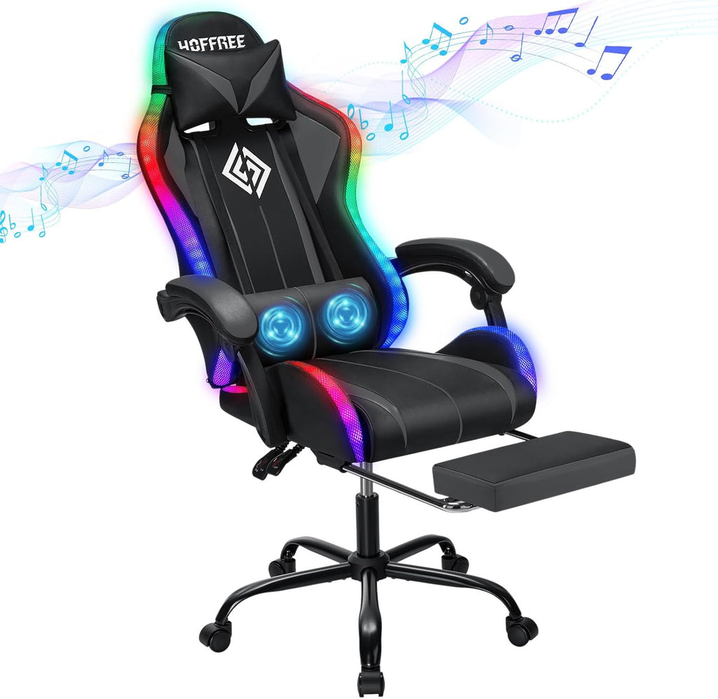 HOFFREE RGB Gaming Chair with Speakers Massage Computer Gaming Chair with LED Lights and Footrest High Back Video Game Chair for Adults Grey and Black