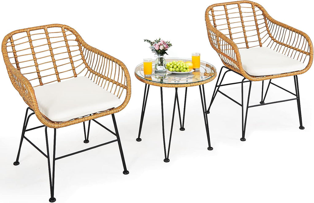 Tangkula 3 Pieces Patio Bistro Set, Rattan Conversation Set with 2 Cushioned Armchairs & Round Glass Coffee Table, Indoor Outdoor Wicker Furniture Set for Balcony, Backyard, Garden, Poolside