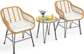 Tangkula 3 Pieces Patio Bistro Set, Rattan Conversation Set with 2 Cushioned Armchairs & Round Glass Coffee Table, Indoor Outdoor Wicker Furniture Set for Balcony, Backyard, Garden, Poolside