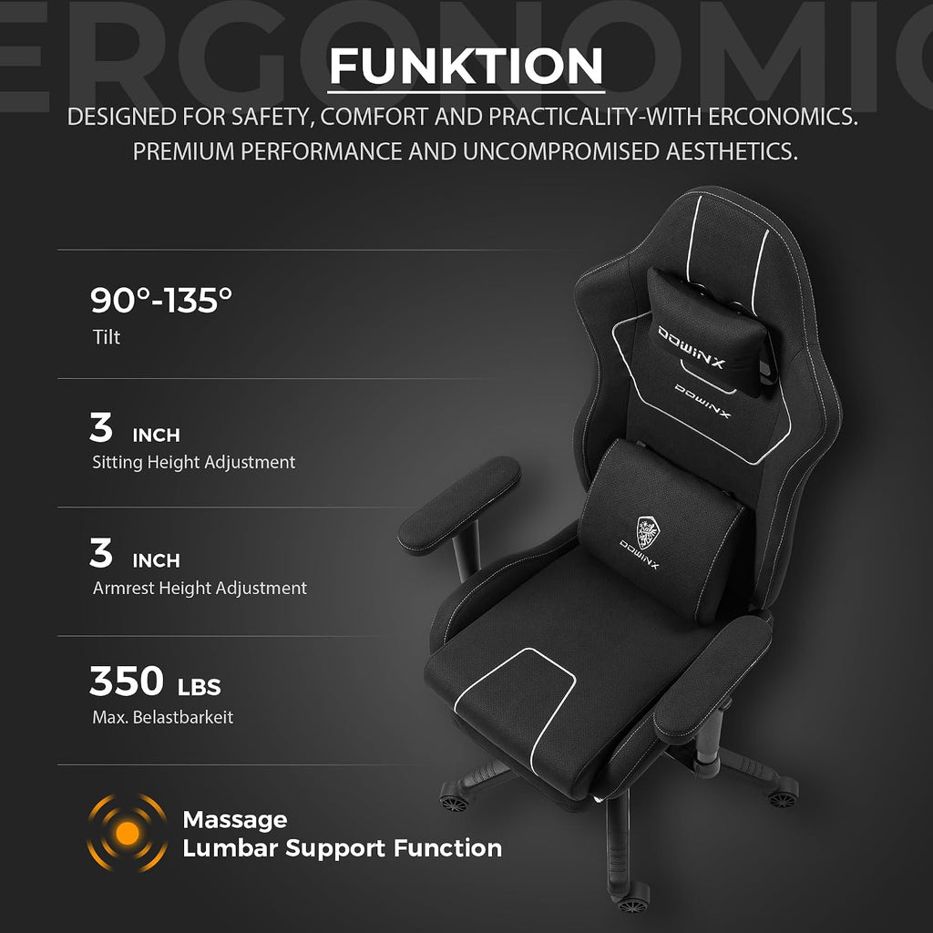 Dowinx Gaming Chair with Pocket Spring Cushion, Breathable Fabric Ergonomic Office Chair with Footrest & Massage Lumbar Support, Comfortable Reclining Chair for Long Hours Sitting, 350LBS, Black