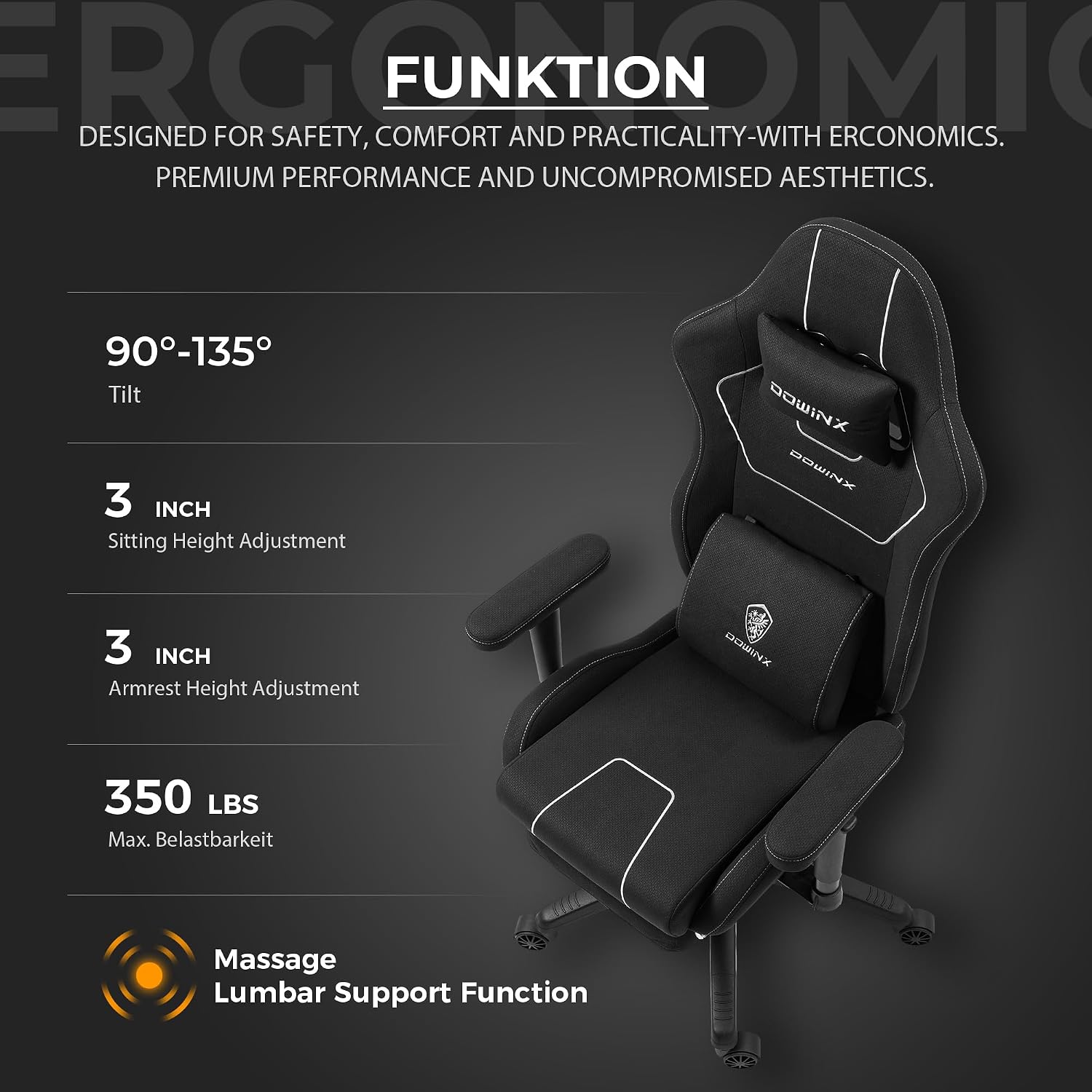 Dowinx Gaming Chair with Pocket Spring Cushion, Breathable Fabric Ergonomic Office Chair with Footrest & Massage Lumbar Support, Comfortable Reclining Chair for Long Hours Sitting, 350LBS, Black