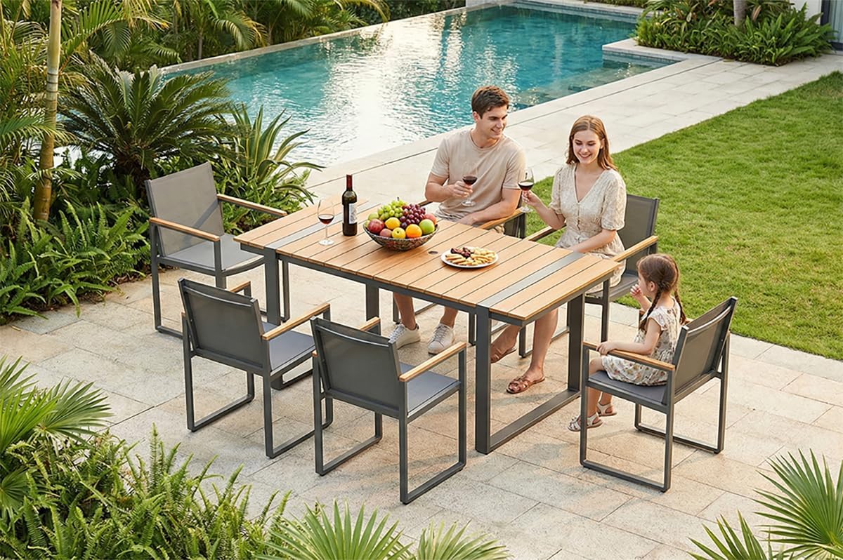Outdoor Dining Set, HDPS + Aluminum Patio Table and Chairs Set with U-Shaped Base, 7 Piece Outdoor Furniture Set with Umbrella Hole, Patio Dining Table Set for Garden, Backyard (Gray-Teak)