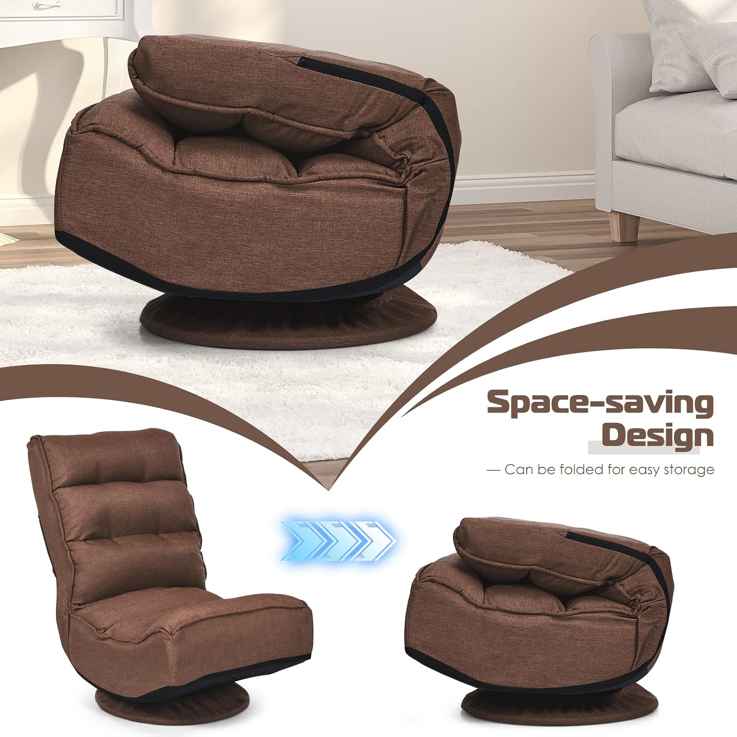 COSTWAY Folding Floor Chair, Adjustable 5-Position Video Gaming Chair with 360 Degree Swivel, Detachable Cover, Padded Backrest, Multipurpose Living Room Floor Lounger for TV Reading Playing, Coffee