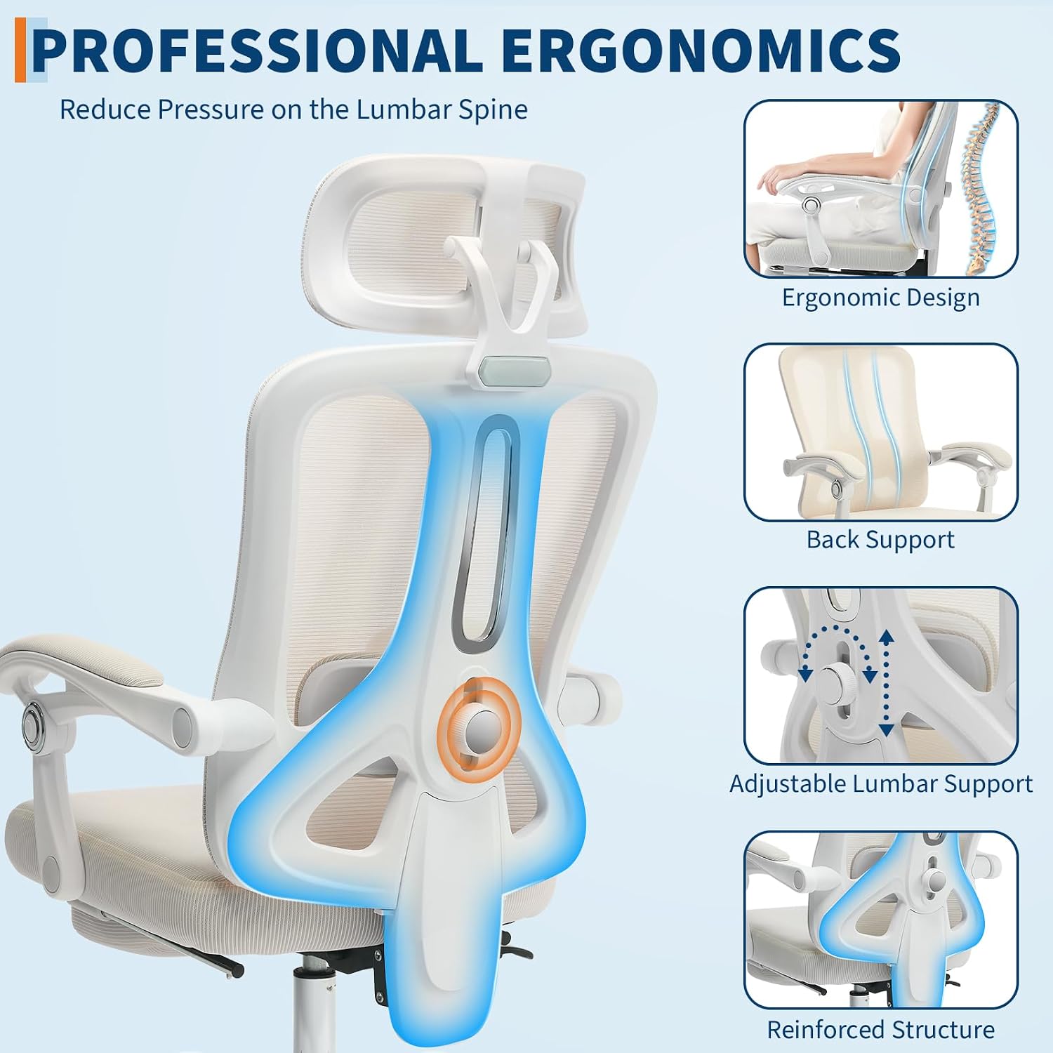 GarveeHome High Back Ergonomic Office Chair with Mesh Back, Retractable Footrest, Adjustable Headrest & Lumbar Support – Wide Computer Desk Chair with Wheels for Home Office or Bedroom, Beige