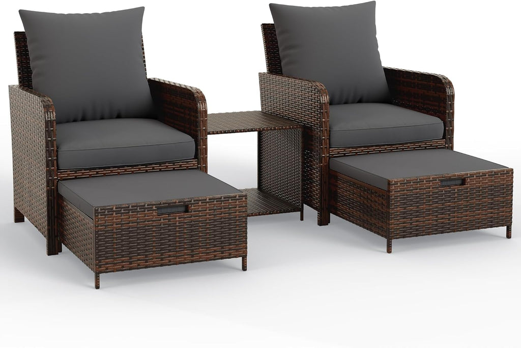 UDPATIO Balcony Furniture Patio Chairs with Ottoman, 5 Piece Wicker Patio Furniture Set with Footrest for Front Porch Small Space