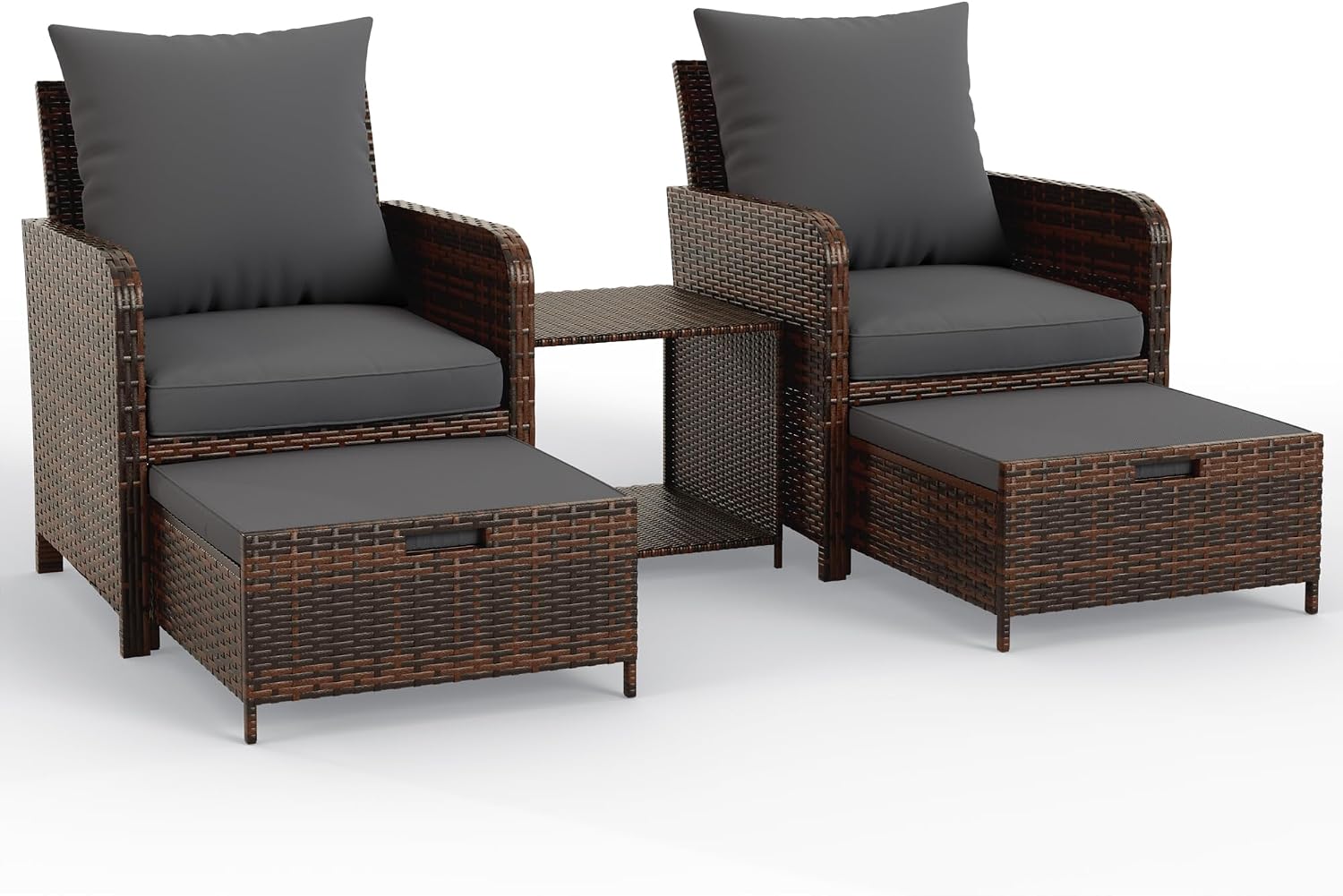 UDPATIO Balcony Furniture Patio Chairs with Ottoman, 5 Piece Wicker Patio Furniture Set with Footrest for Front Porch Small Space