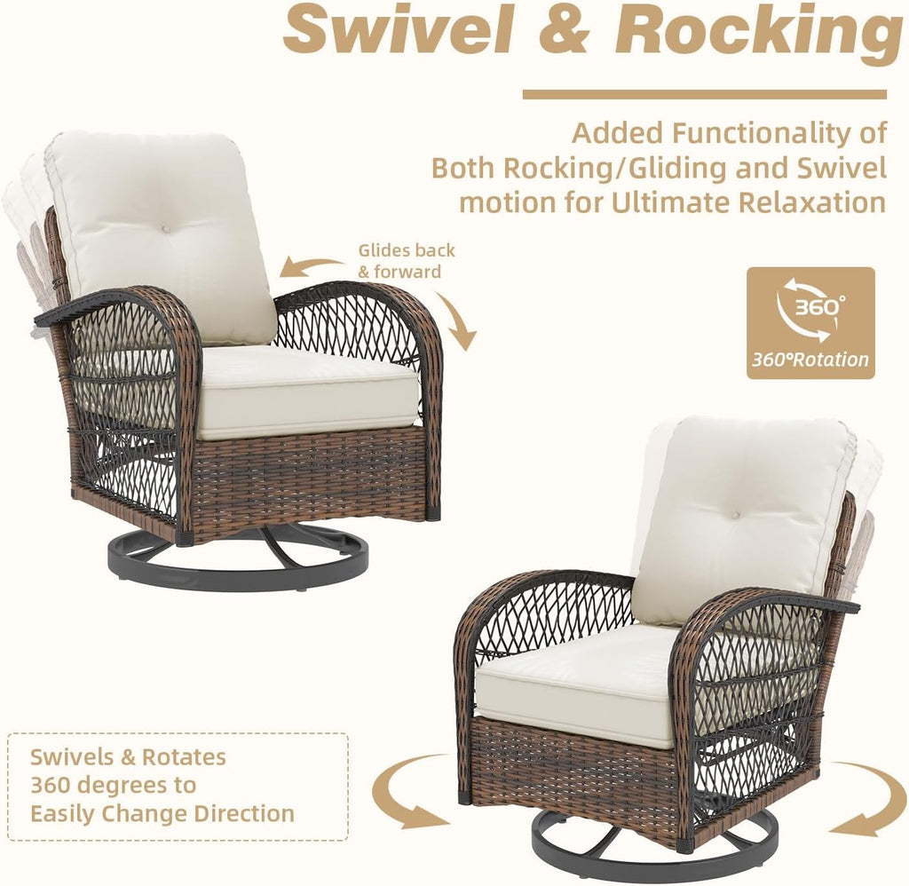 MELLCOM 3 Pieces Patio Furniture Set, Outdoor Swivel Rocker Patio Chairs, Wicker Patio Bistro Set with Rocking Chair, Thickened Cushions and Glass Coffee Table for Backyard, Garden, Beige