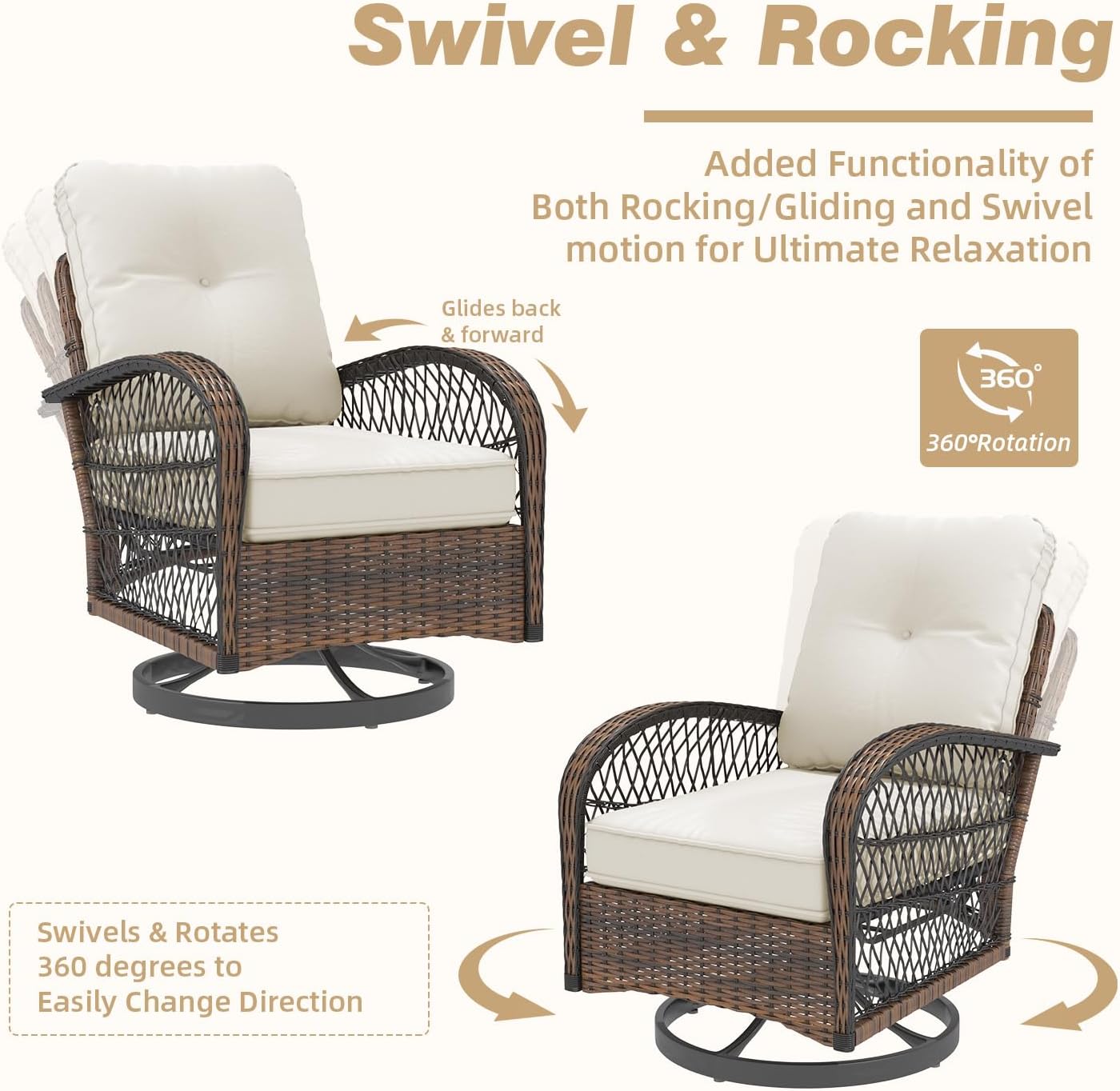 MELLCOM 3 Pieces Patio Furniture Set, Outdoor Swivel Rocker Patio Chairs, Wicker Patio Bistro Set with Rocking Chair, Thickened Cushions and Glass Coffee Table for Backyard, Garden, Beige
