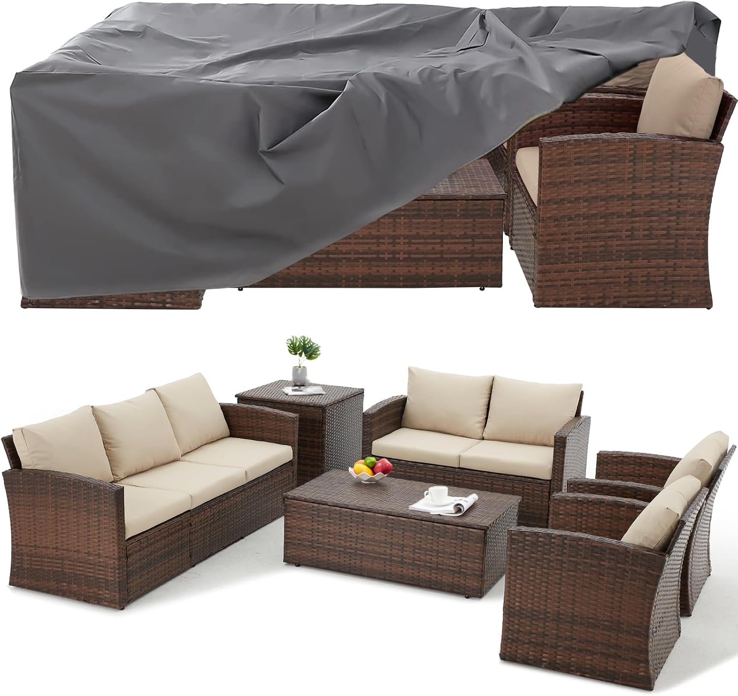 AECOJOY 7 PCS Patio Furniture Set with Two Storage Boxes&Patio Set Cover, Outdoor Rattan Conversation Set, PE Wicker Sectional Sofa Outdoor Furniture, Brown Rattan&Beige Cushions