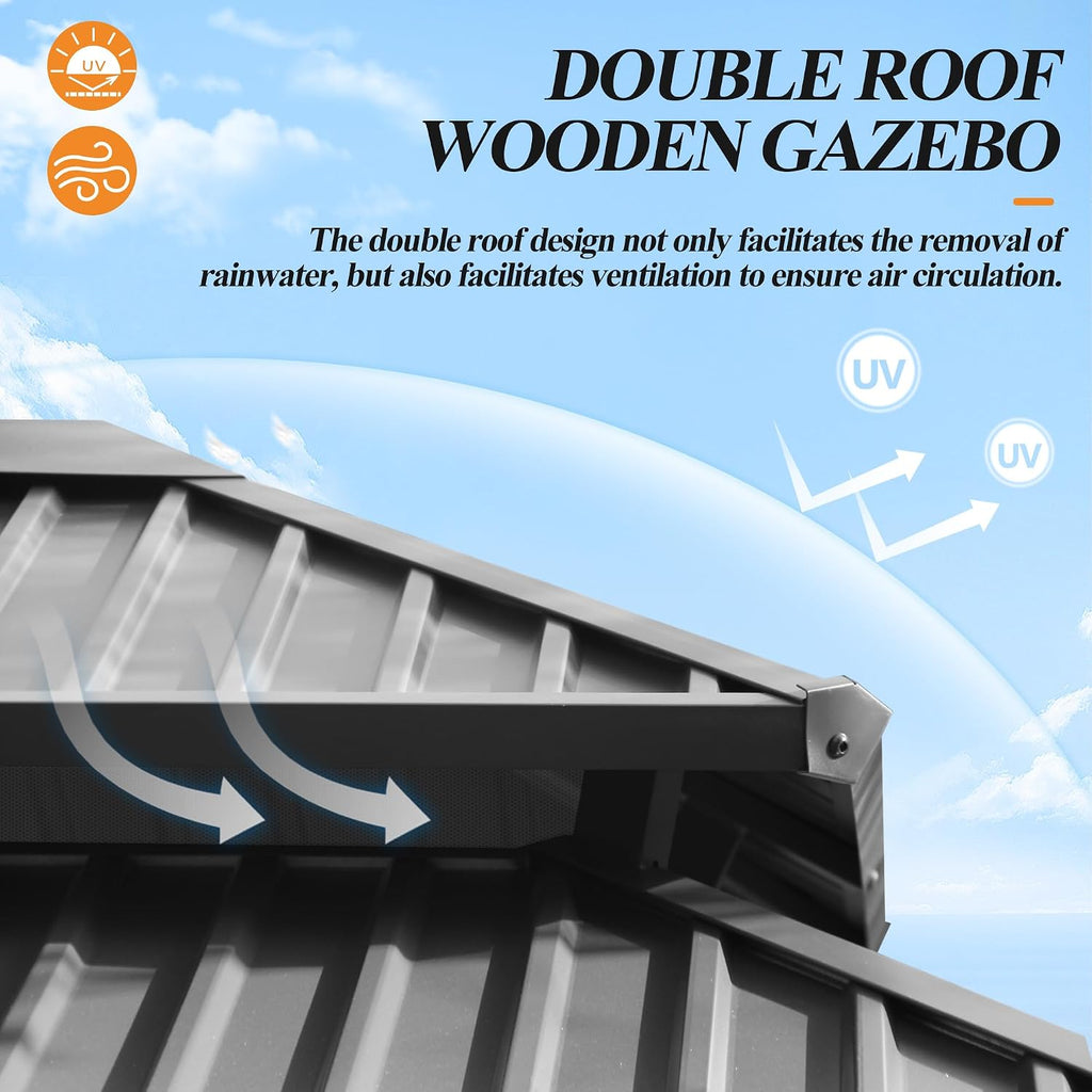 13'x15' Outdoor Wooden Gazebo - Patio Galvanized Steel Gazebos with Double Vented Roof, Heavy-Duty Wood Gazebo for Garden, Lawn, Poolside, Backyard Deck