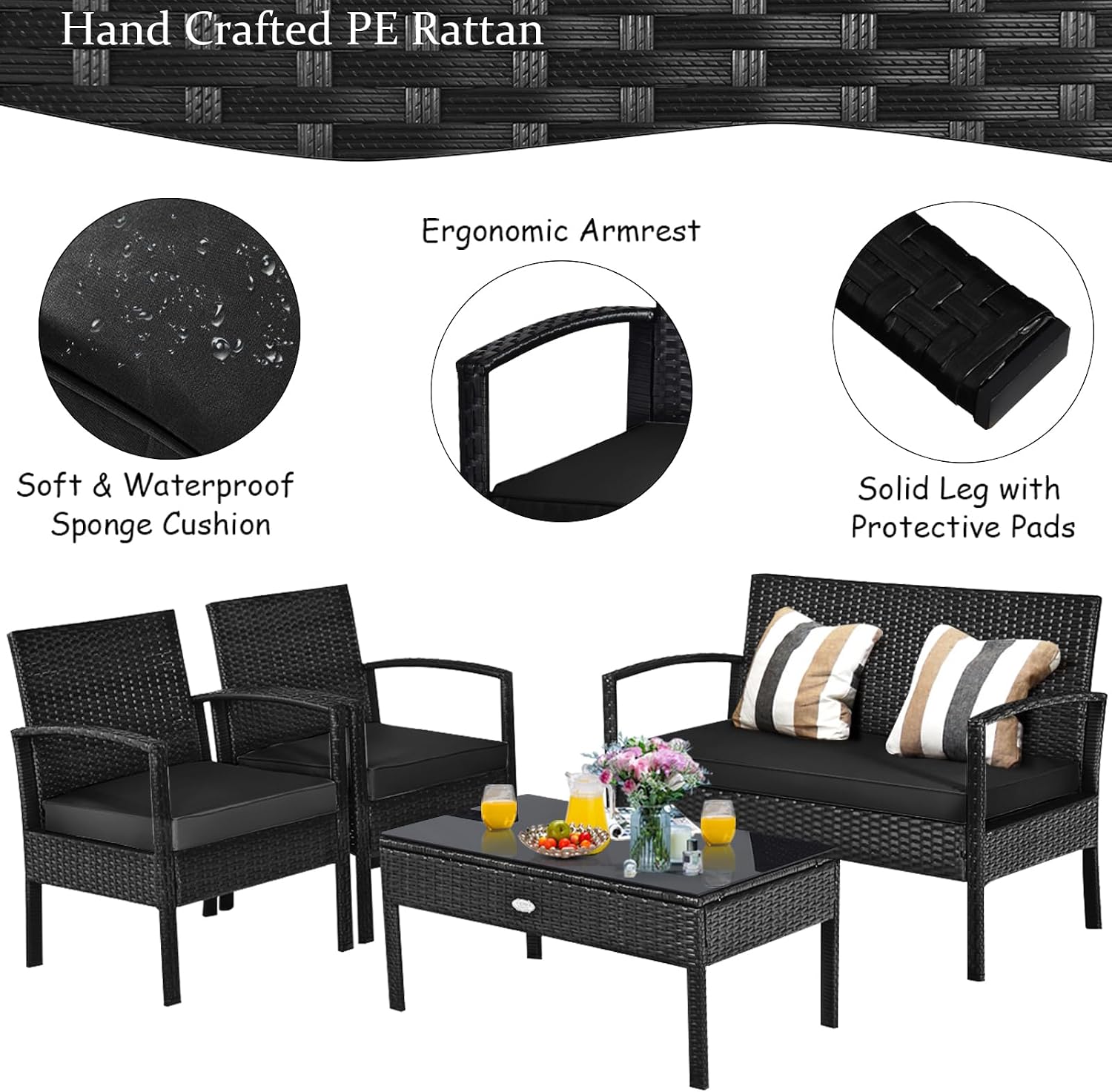 Tangkula 4 Pieces Wicker Patio Conversation Furniture Set, Outdoor Rattan Chair and Table Set, Patio Furniture Sets with Coffee Table & Washable Cushions for Courtyard Balcony Garden