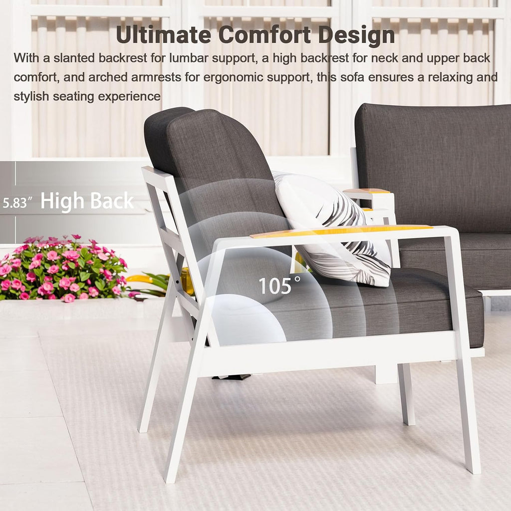 Aluminum Patio Furniture Set, 4 Piece Modern Outdoor Coversation Sets with Teak Coffee Table, Metal Sectional Sofa Couch for Porch, Balcony, Deck, Dark Gray