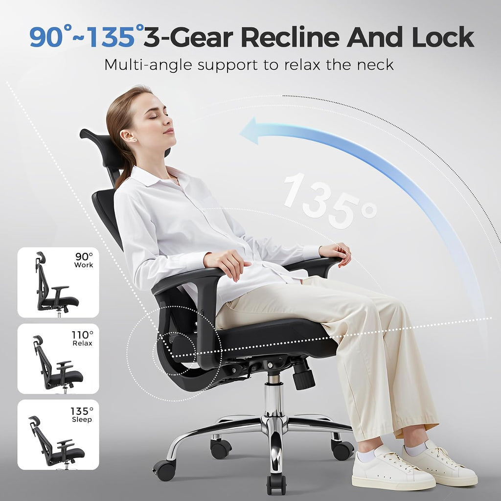 COMHOMA Office Chair Ergonomic Big and Tall Gaming Chair 350 LBS with 3D Adaptive Lumbar Support & Headrest, High Back Swivel Mesh Desk Chair Comfy for for Long Hours Work, ErgoFlex-P26, Black