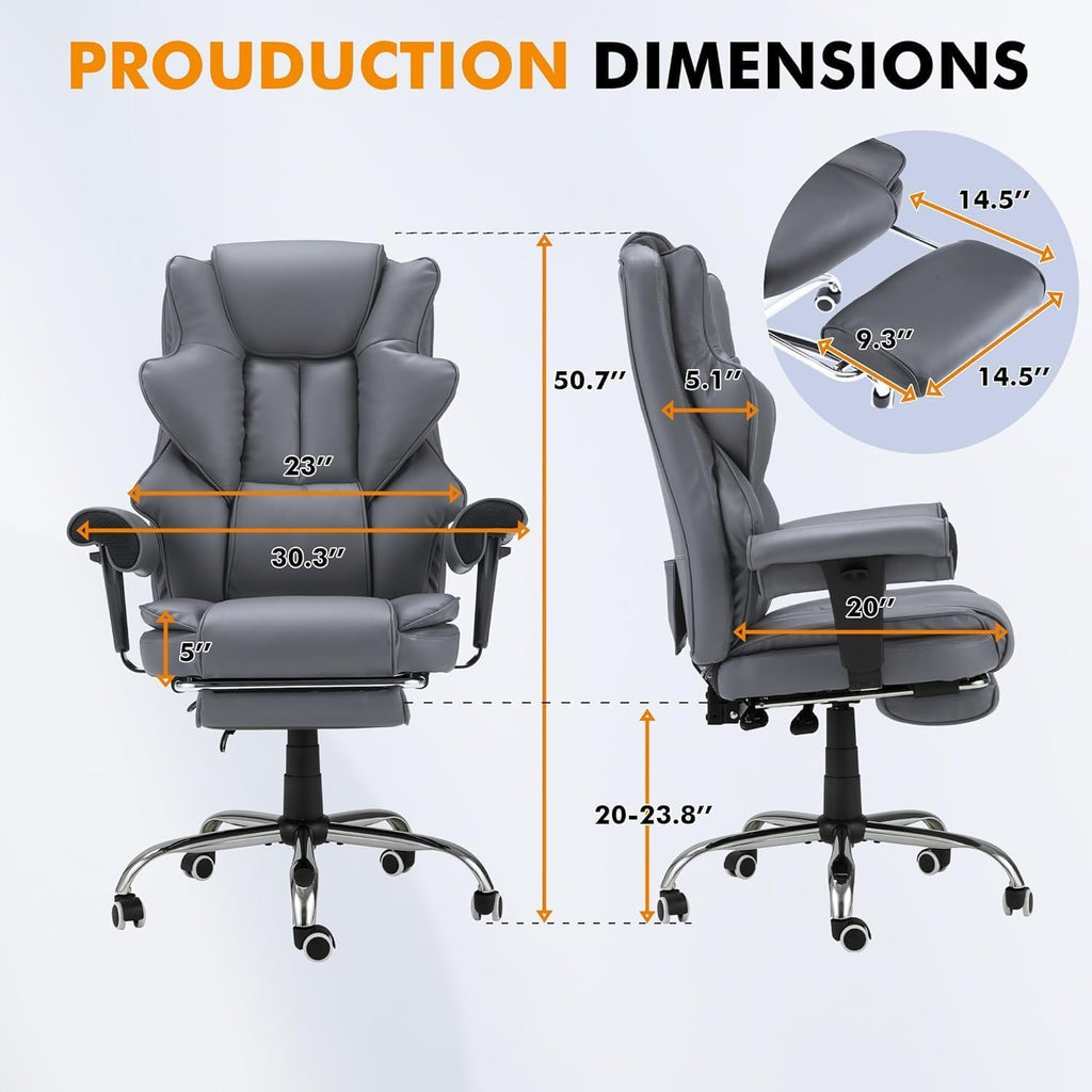 HOMREST 6-Point Massage Executive Chair,Heat Office Chair,Ergonomic Home Office Desk Chairs with Retractable Footrest and Reclining Function,Leather Computer Chair with Adjustable Armrest(‌Grey)