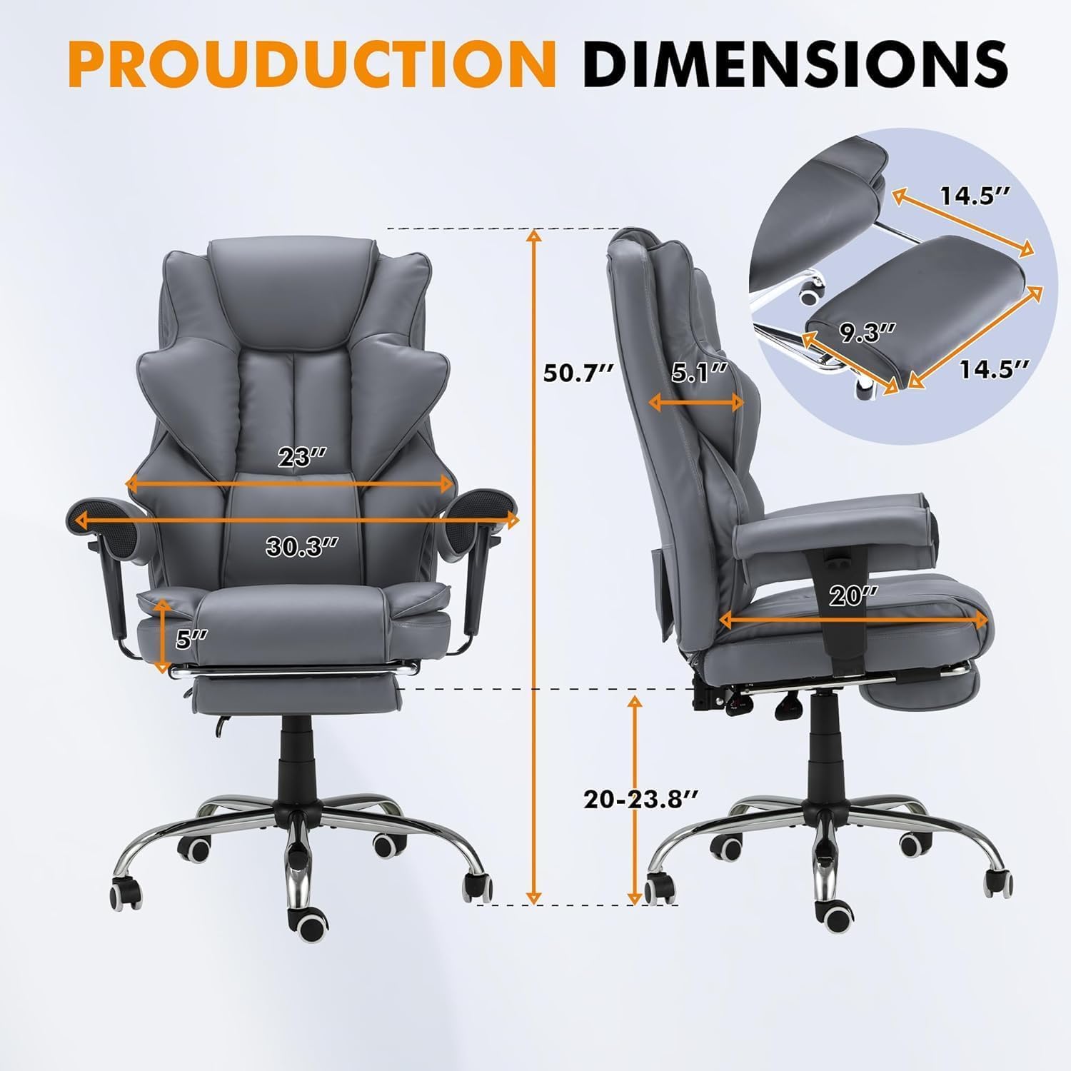 HOMREST 6-Point Massage Executive Chair,Heat Office Chair,Ergonomic Home Office Desk Chairs with Retractable Footrest and Reclining Function,Leather Computer Chair with Adjustable Armrest(‌Grey)