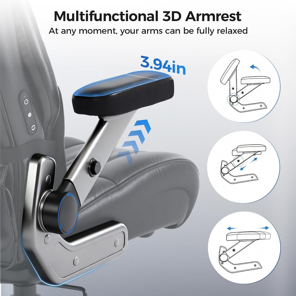 600LBS Big and Tall Massage Office Chair, Extra Wide Seat - 3D Kneading Massage & Heat Office Chair with Heavy Duty Metal Base, 3D Flip Arms, Leather Ergonomic with Thick Spring Cushion