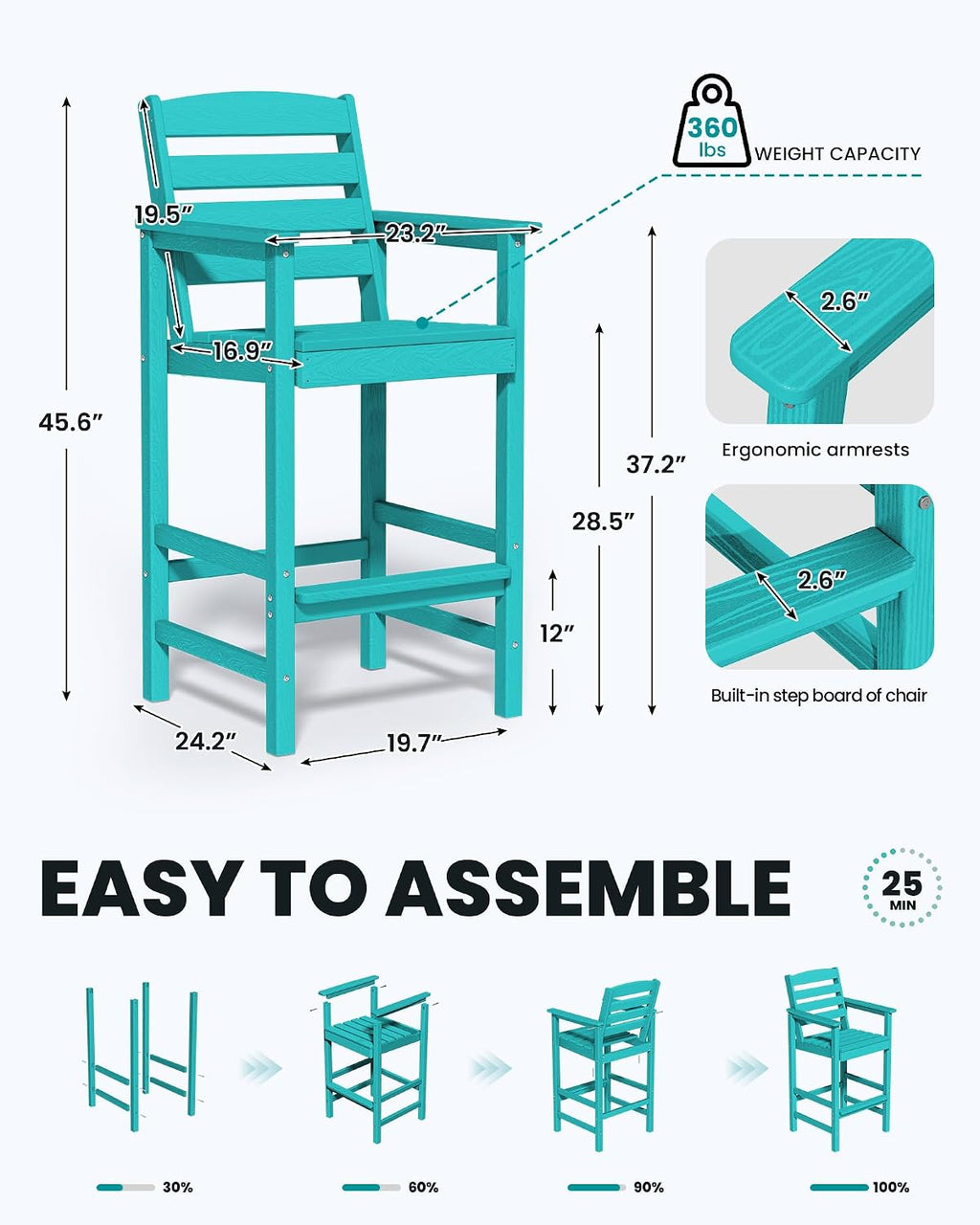 SERWALL Tall Adirondack Chairs Set of 2, Oversize Balcony Adirondack Chairs Set, Outdoor Bar Height Barstools Widened Chair Set for Bistro, Poolside, Garden, Aruba