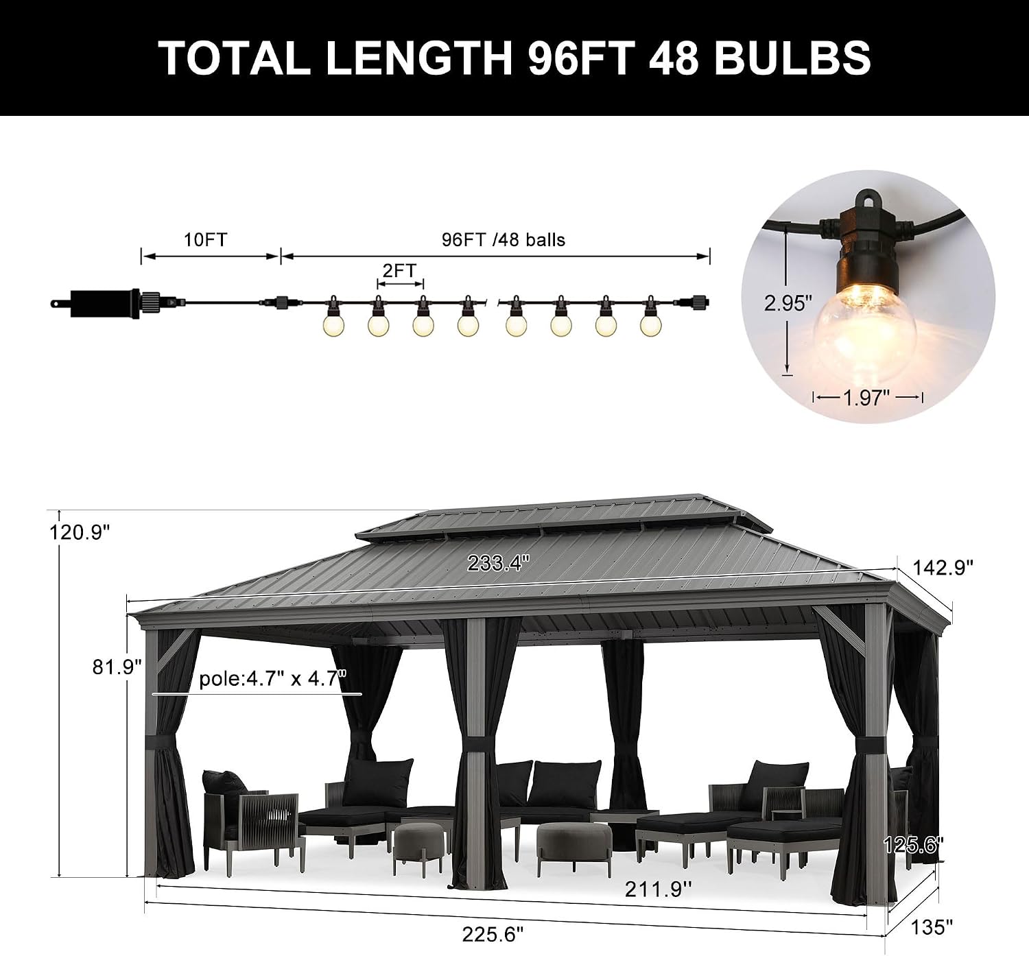 PURPLE LEAF Hardtop Gazebo 12' x 20' Gazebo with Galvanized Steel Double Roof and Aluminum Frames All Weather Wind Resistance Heavy Duty Large Pavilion Gazebos for Patio Deck Garden, Light Grey
