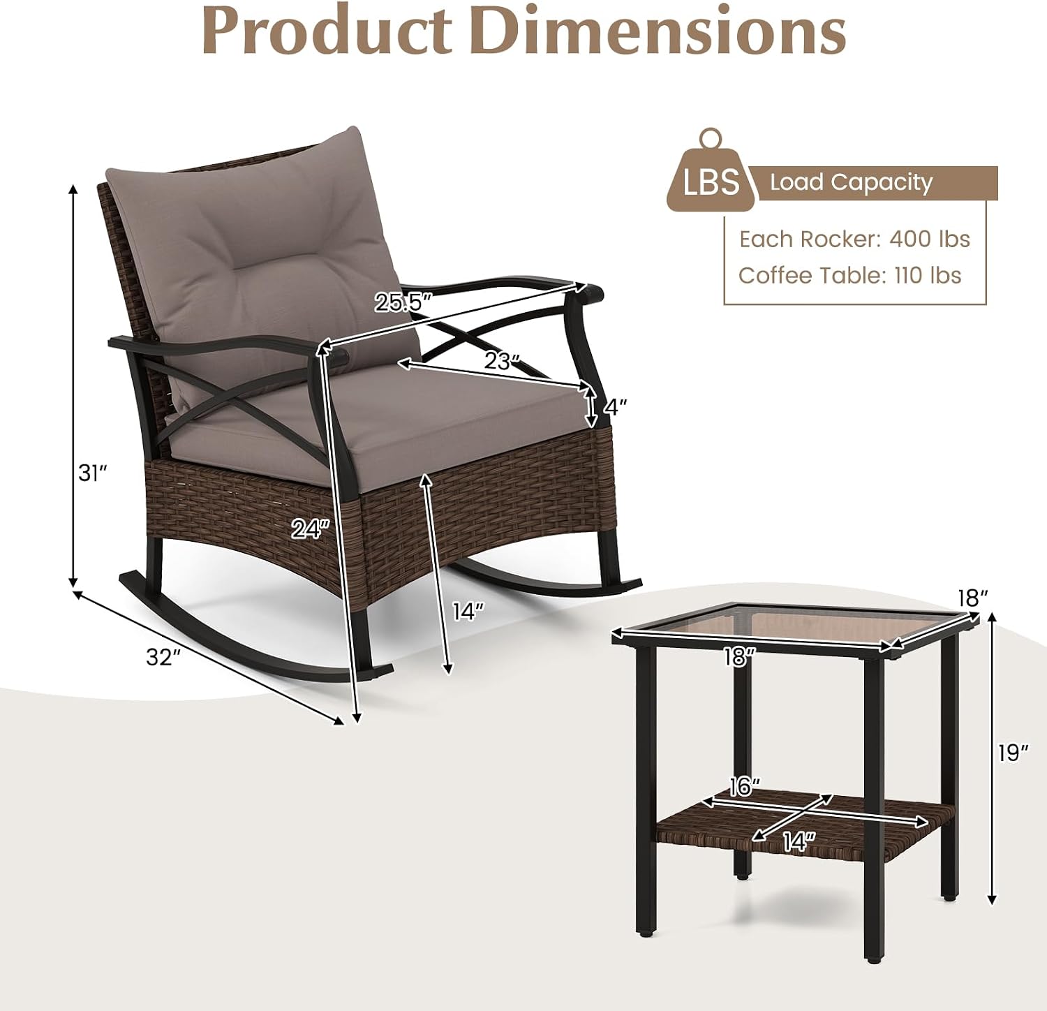 Tangkula 3 Pieces Outdoor Rocking Chairs Set, Rattan Heavy Duty Cushioned Rocker Chairs with 2-Tier Tempered Glass Coffee Table, for Garden, Balcony, Backyard