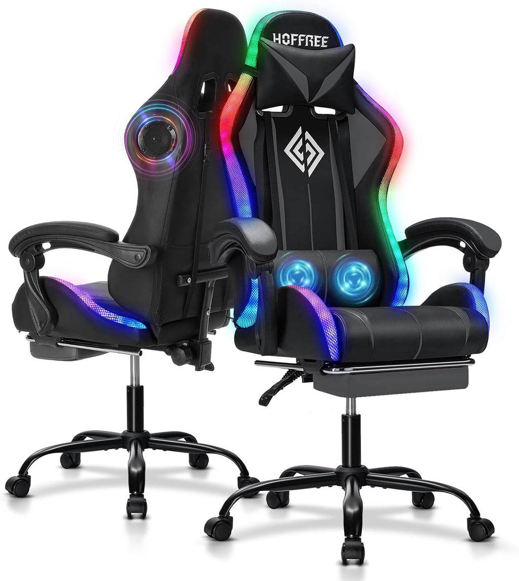 Gaming Chair with Bluetooth Speakers and LED RGB Lights Ergonomic Massage Computer Gaming Chair with Footrest High Back Music Video Game Chair with Lumbar Support Grey and Black