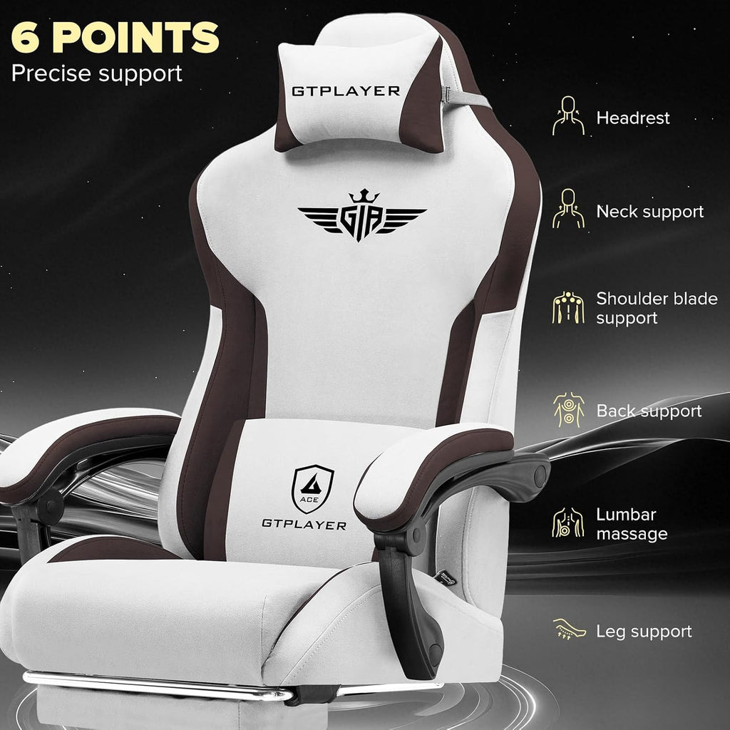 GTPLAYER Gaming Chair, Computer Office Chair Lumbar Support, Linkage Armrests and Footrest, Ergonomic Game Chair for Adults with Extended Backrest, Fabric, Brown